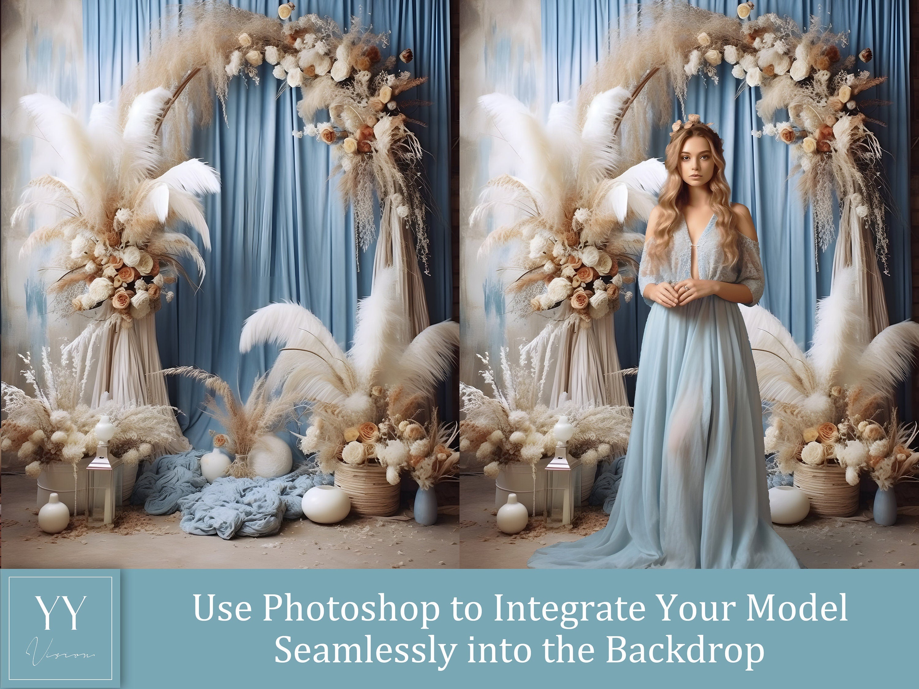 35 ensembles de toiles de fond numériques Boho Blue Floral Arch pour la photographie de mariage de maternité Toiles de fond numériques Photographie de studio Superpositions JPG Photoshop