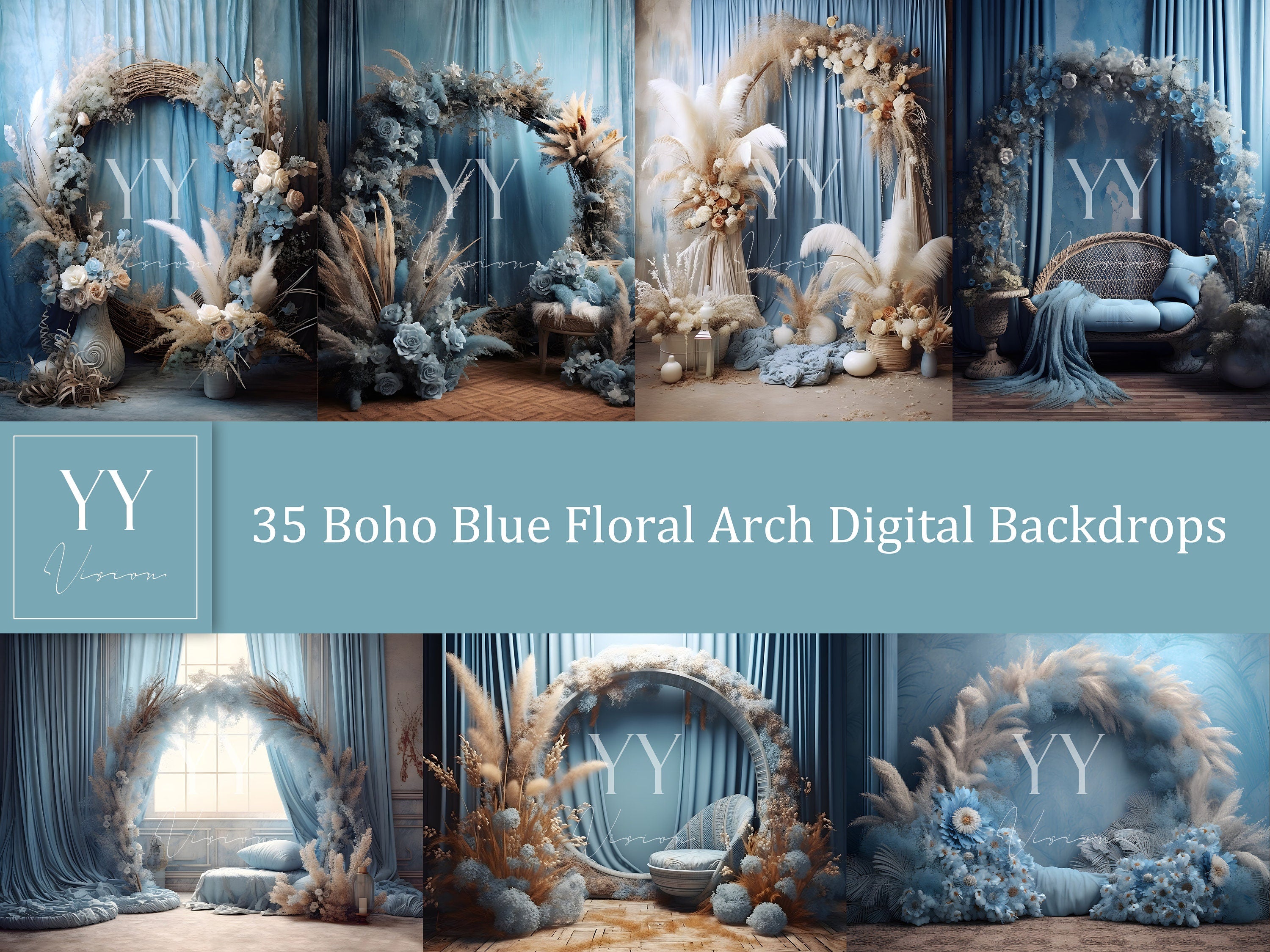 35 Boho Blue Floral Arch Digitale Hintergrund-Sets für Schwangerschafts-Hochzeitsfotografie Digitale Hintergründe Studiofotografie JPG Photoshop Overlays