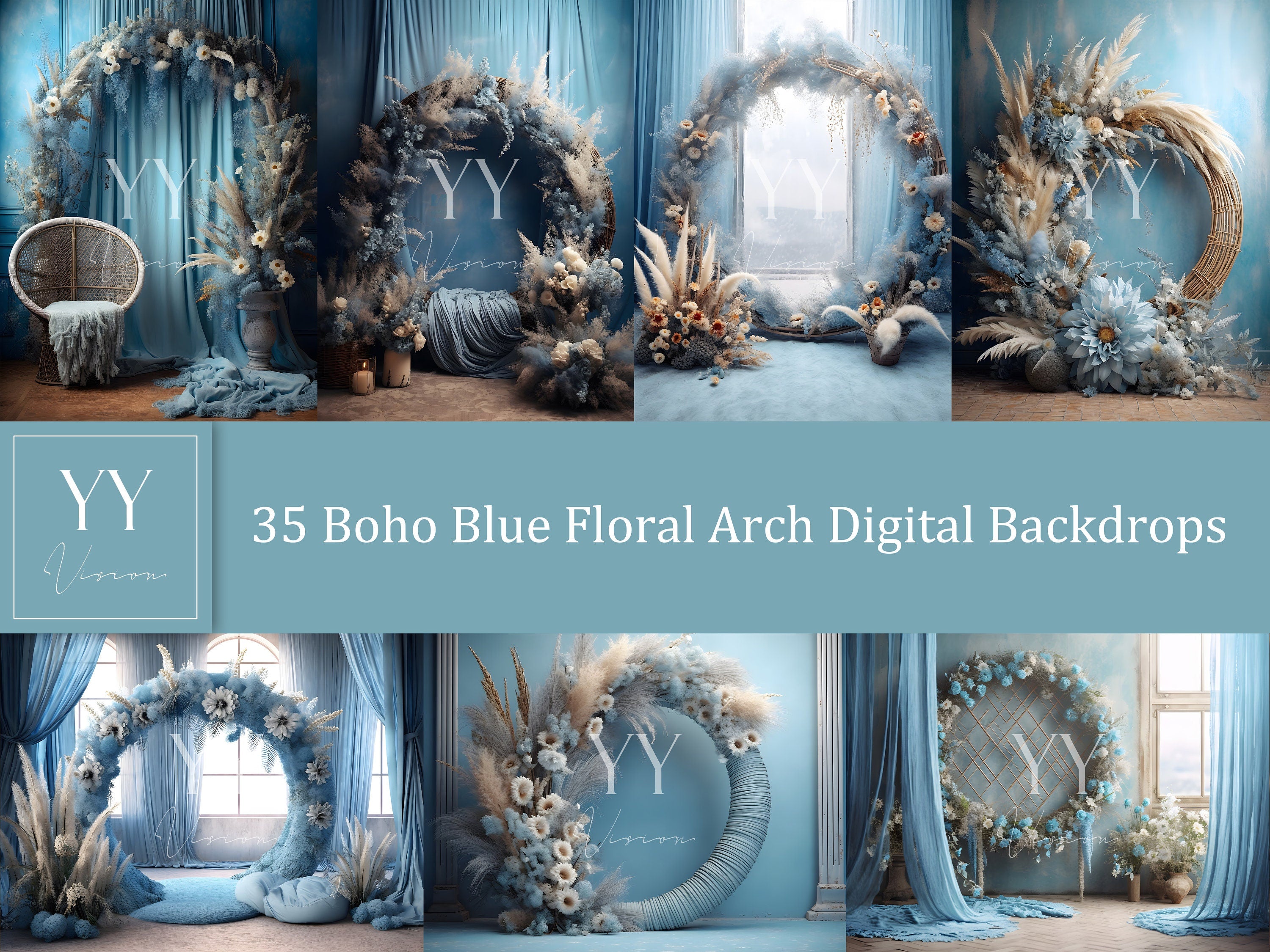 35 Boho Blue Floral Arch Digital Backdrop Sets for Maternity Wedding Photography Digital Backdrops Studio Photography JPG Photoshop Overlays