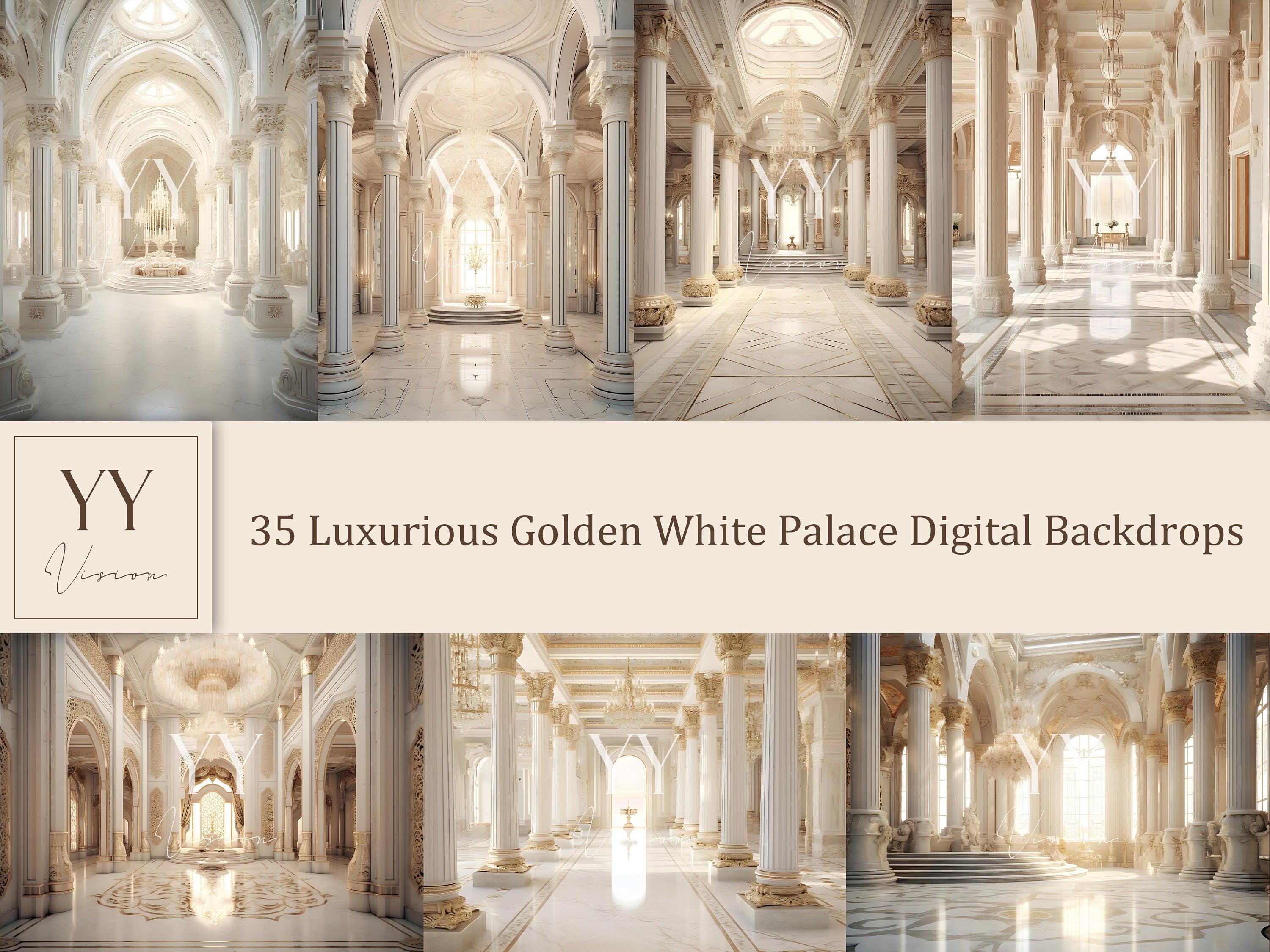 35 Luxurious Golden White Palace Digital Backdrops Sets for Wedding Studio Photography Ceremony Digital Backdrops JPG Photoshop Overlays