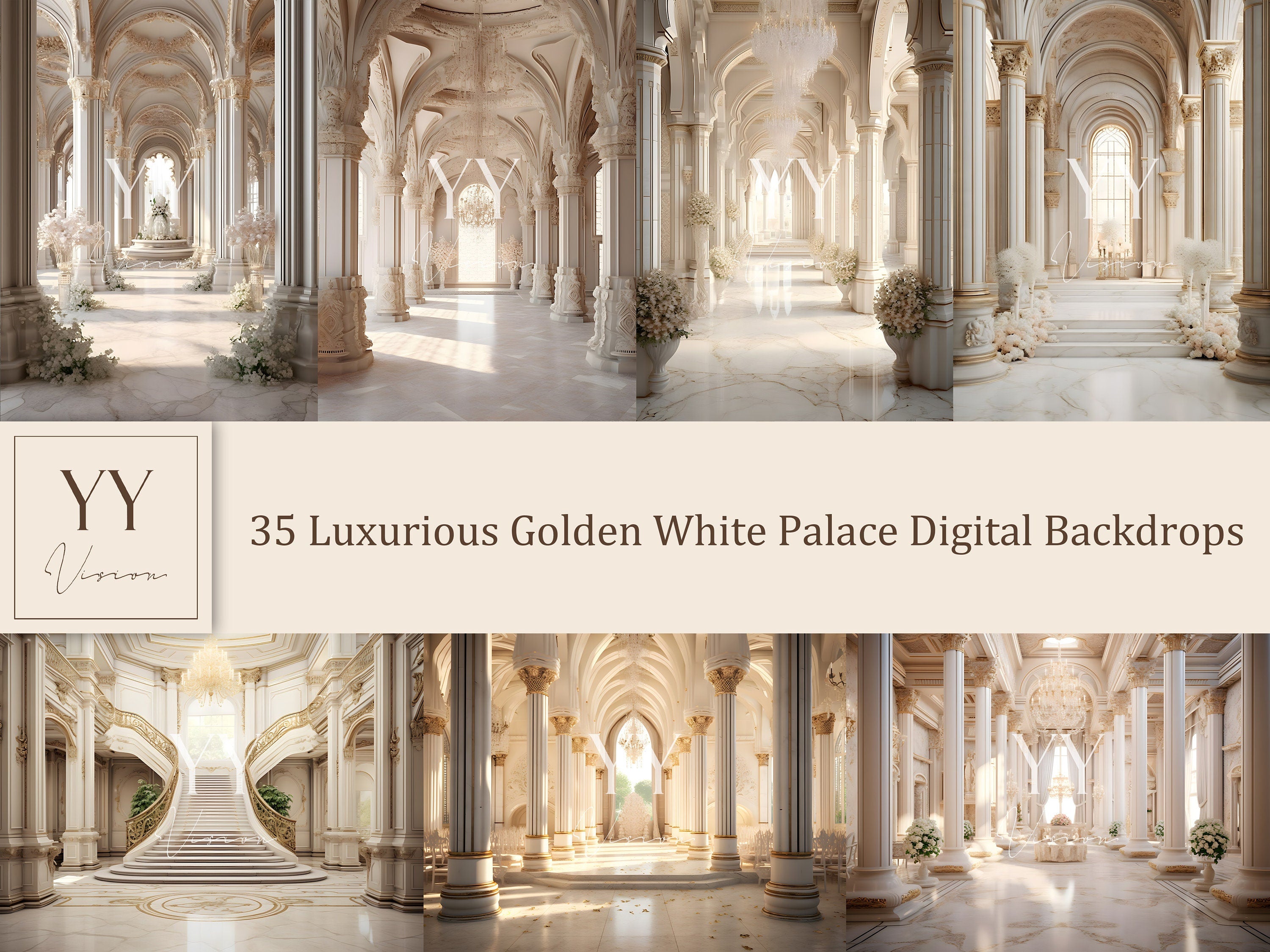 35 Luxurious Golden White Palace Digital Backdrops Sets for Wedding Studio Photography Ceremony Digital Backdrops JPG Photoshop Overlays