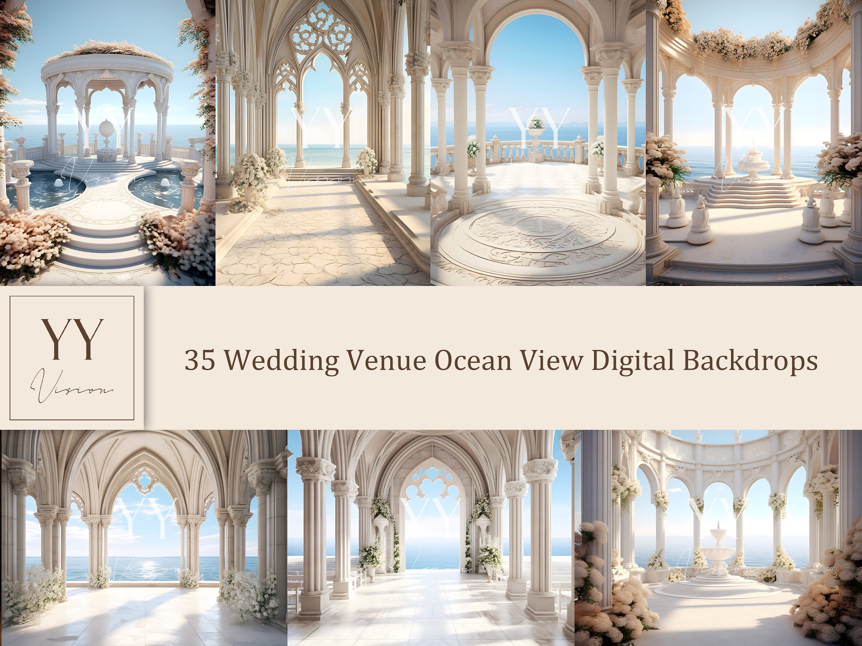 35 Golden White Venue Ocean View Wedding Digital Backdrops Sets Maternity Studio Photography Ceremony Digital Backdrops JPG Photoshop