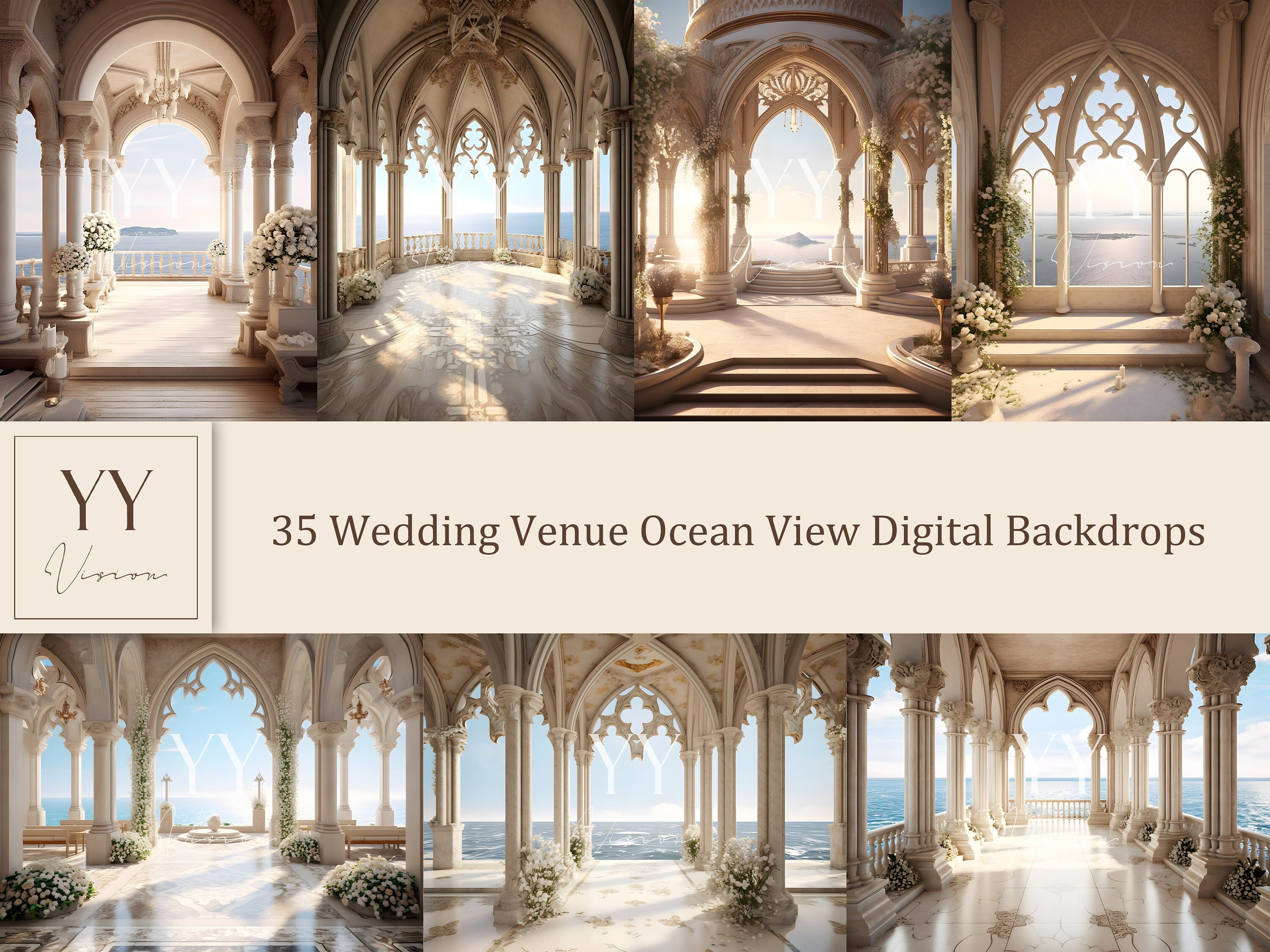 35 Golden White Venue Ocean View Wedding Digital Backdrops Sets Maternity Studio Photography Ceremony Digital Backdrops JPG Photoshop