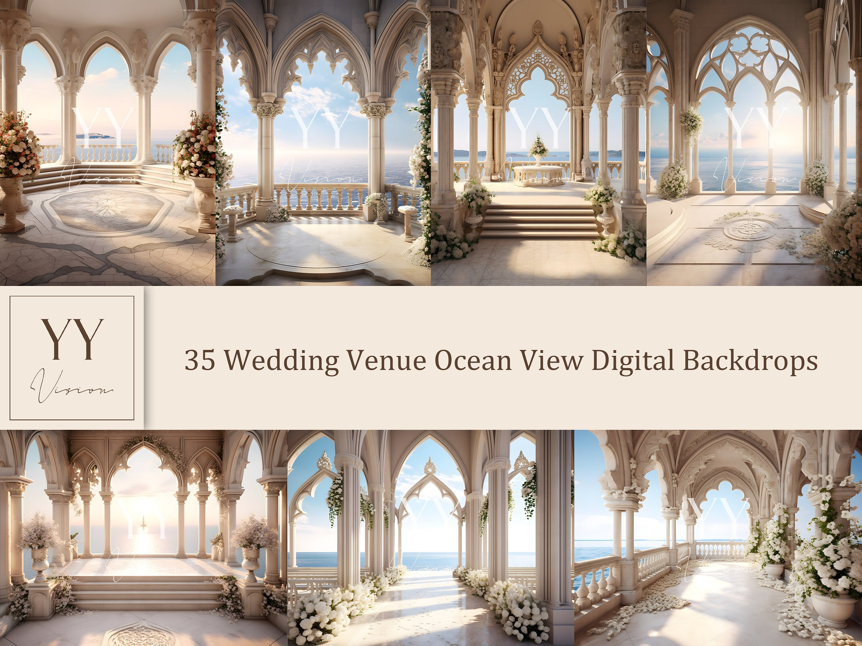 35 Golden White Venue Ocean View Wedding Digital Backdrops Sets Maternity Studio Photography Ceremony Digital Backdrops JPG Photoshop