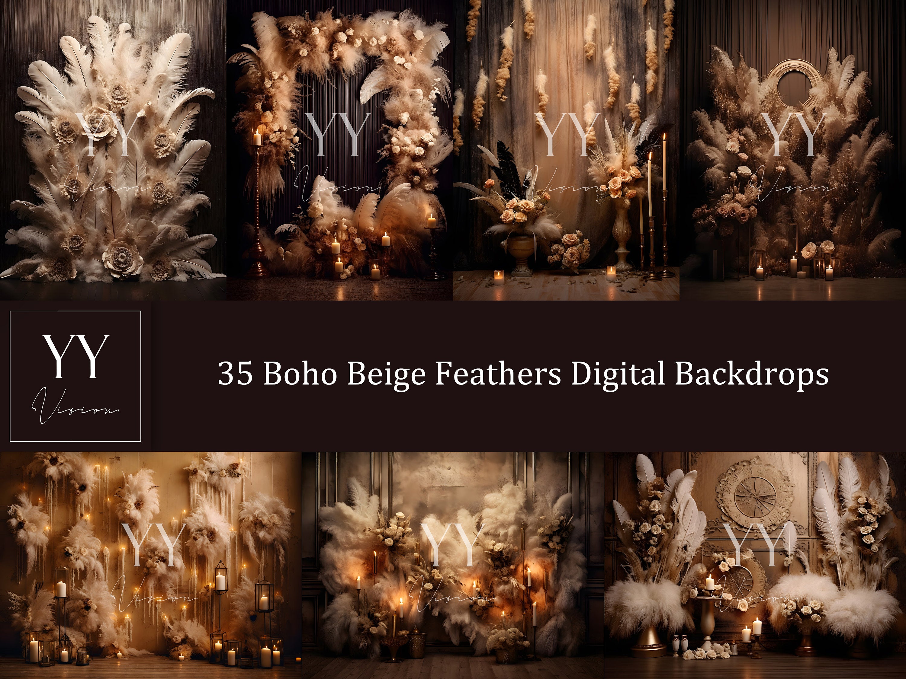 35 ensembles de toiles de fond numériques Boho Beige Feather pour la photographie de mariage de maternité Toiles de fond numériques Photographie de studio Superpositions JPG Photoshop