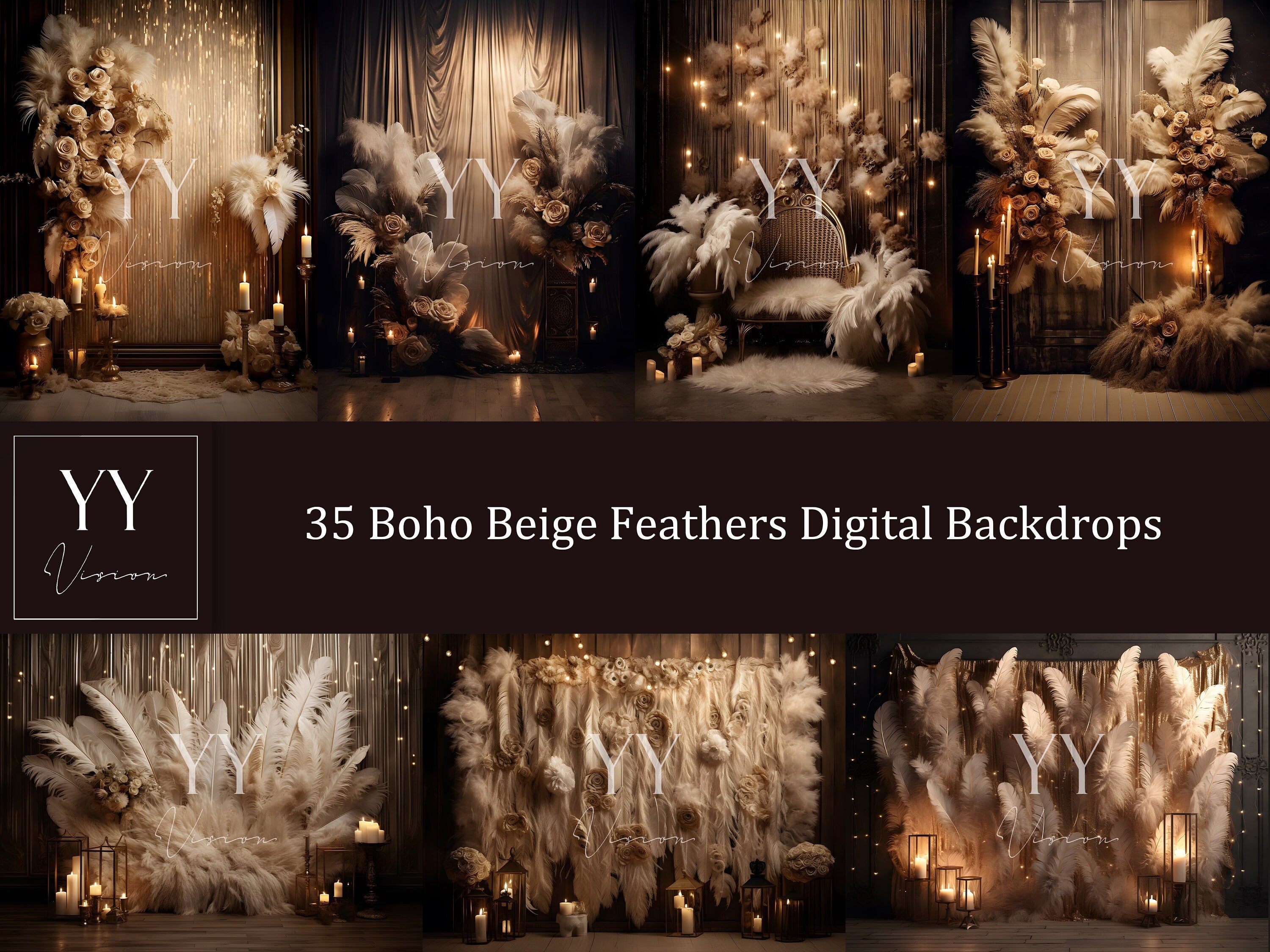 35 Boho Beige Feather Digital Backdrops Sets for Maternity Wedding Photography Digital Backdrops Studio Photography JPG Photoshop Overlays