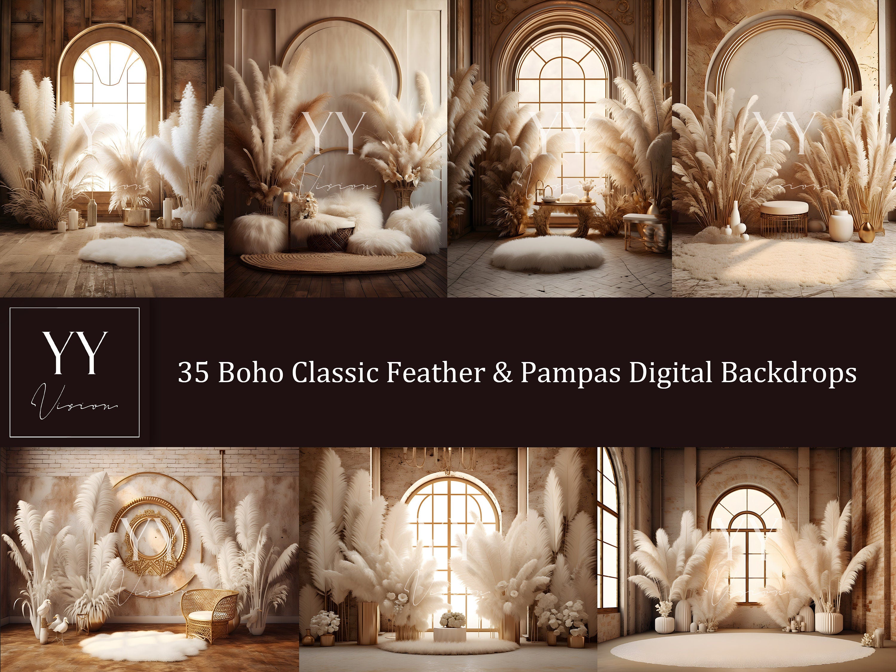 35 Boho Classic Feather Pampas Grass Digital Backdrops Sets for Maternity Wedding Photography Digital Backdrop Studio Photography Photoshop