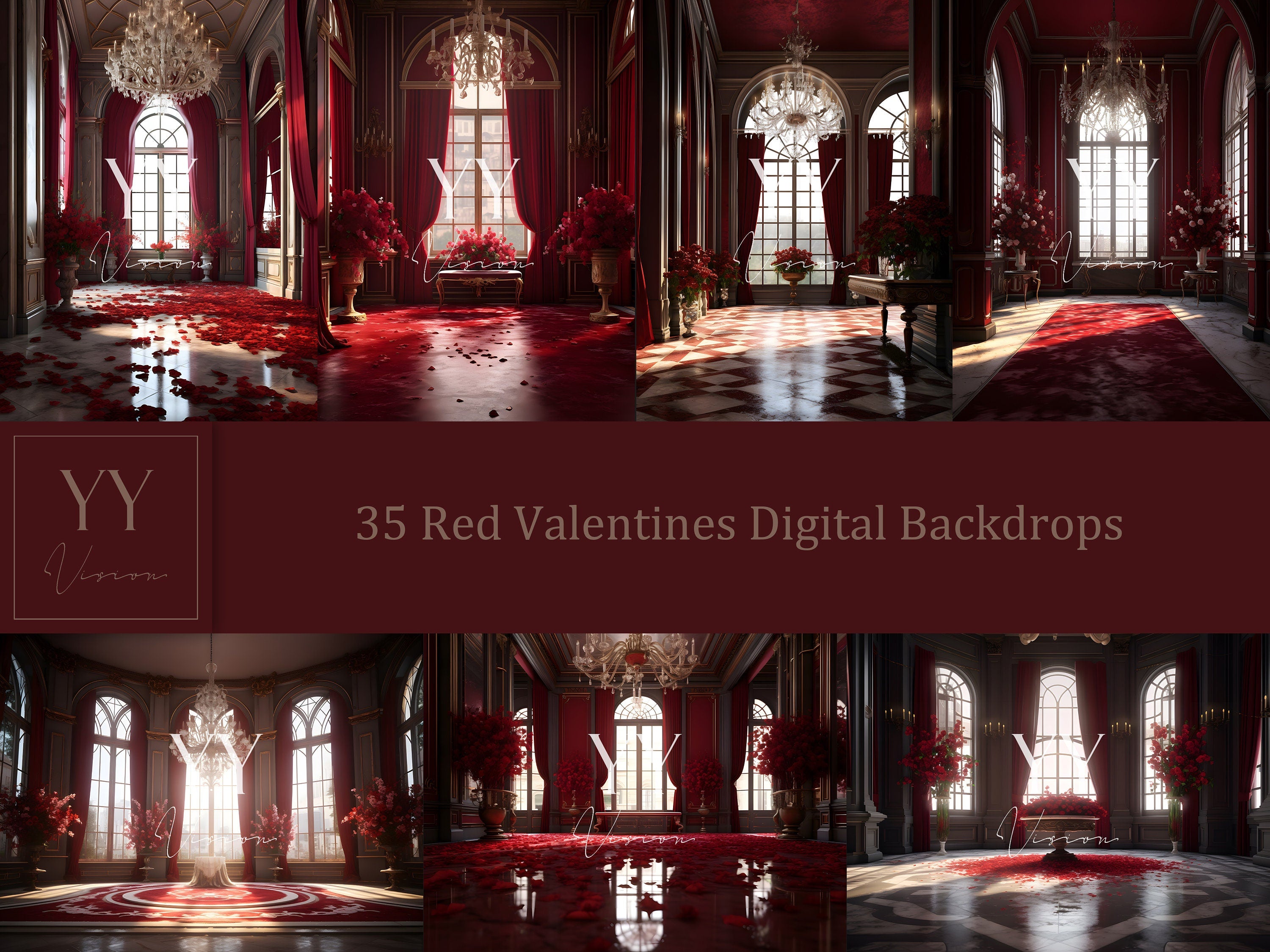 35 Red Valentines Floral Digital Backdrops Sets for Maternity Photography Wedding Studio Photoshop Overlays