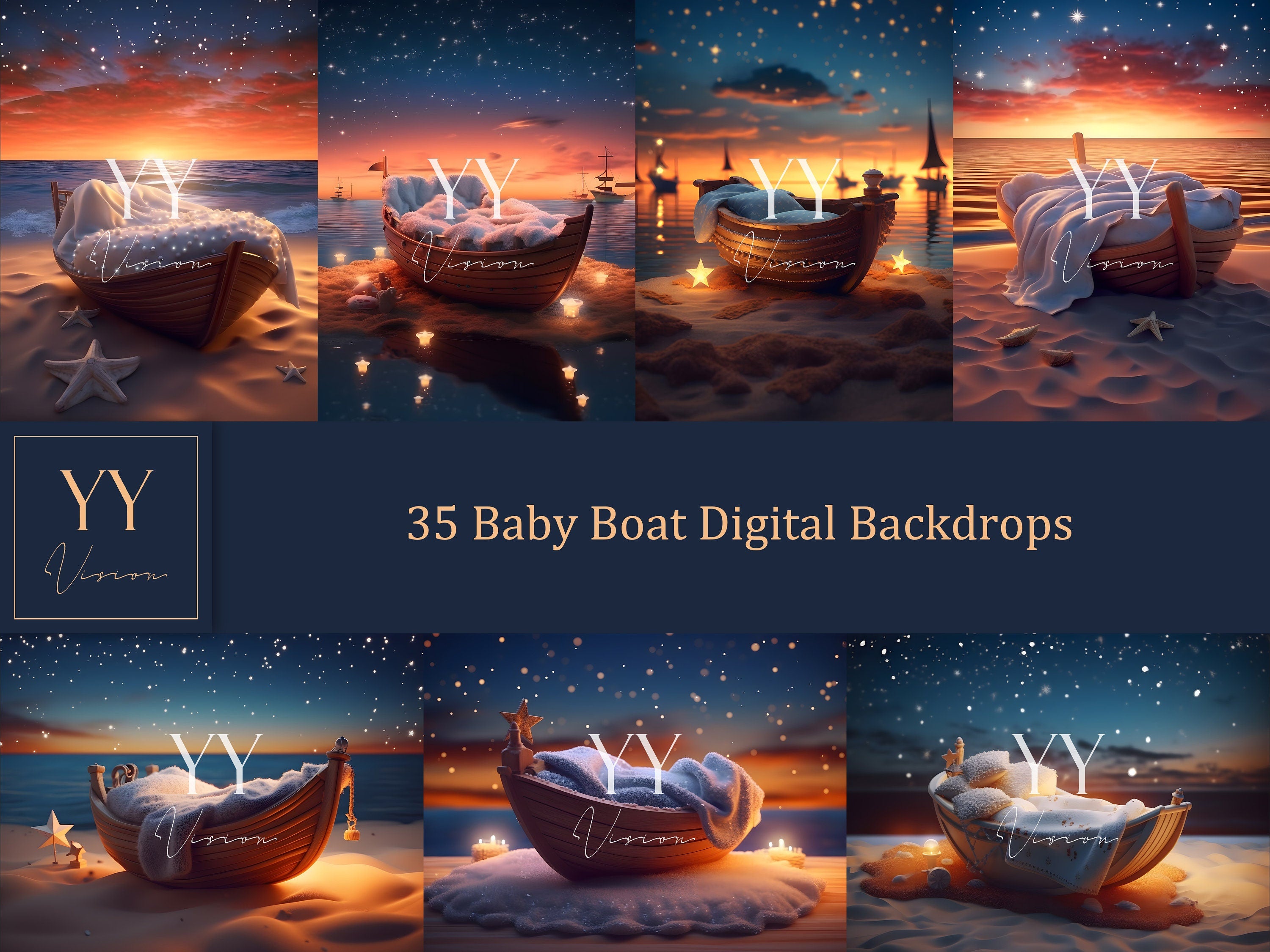 35 ensembles de toiles de fond numériques pour nouveau-né sur le bateau pour studio de photographie de maternité Toile de fond numérique Photoshop