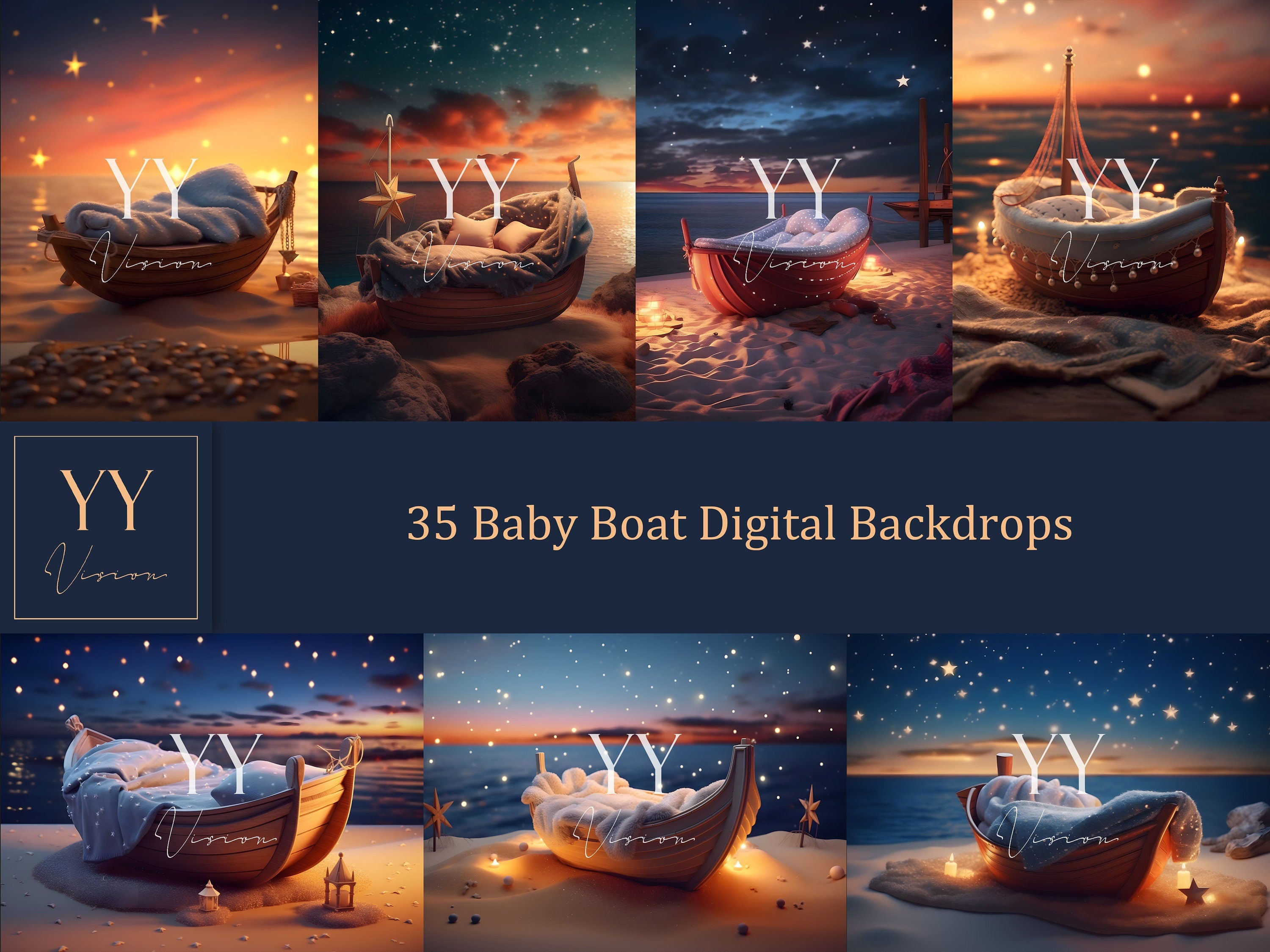 35 ensembles de toiles de fond numériques pour nouveau-né sur le bateau pour studio de photographie de maternité Toile de fond numérique Photoshop