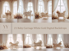 21 Baby Carriage White Gold Digital Backdrops Sets for Baby Shower Maternity Photography Fine Arts Studio Photoshop