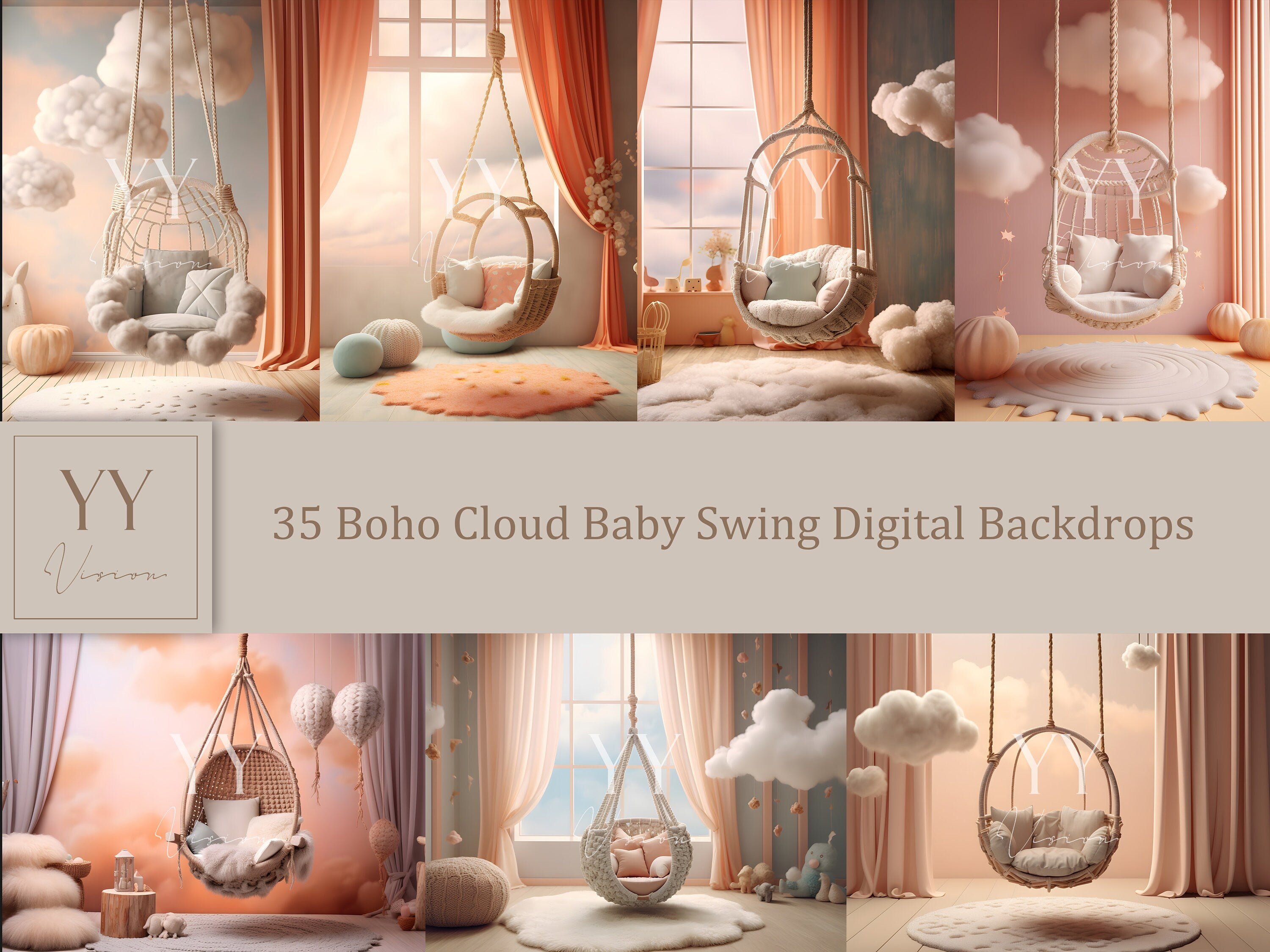 35 ensembles de décors numériques Boho Cloud Baby Swing pour la photographie de maternité Studio des beaux-arts Superposition Photoshop