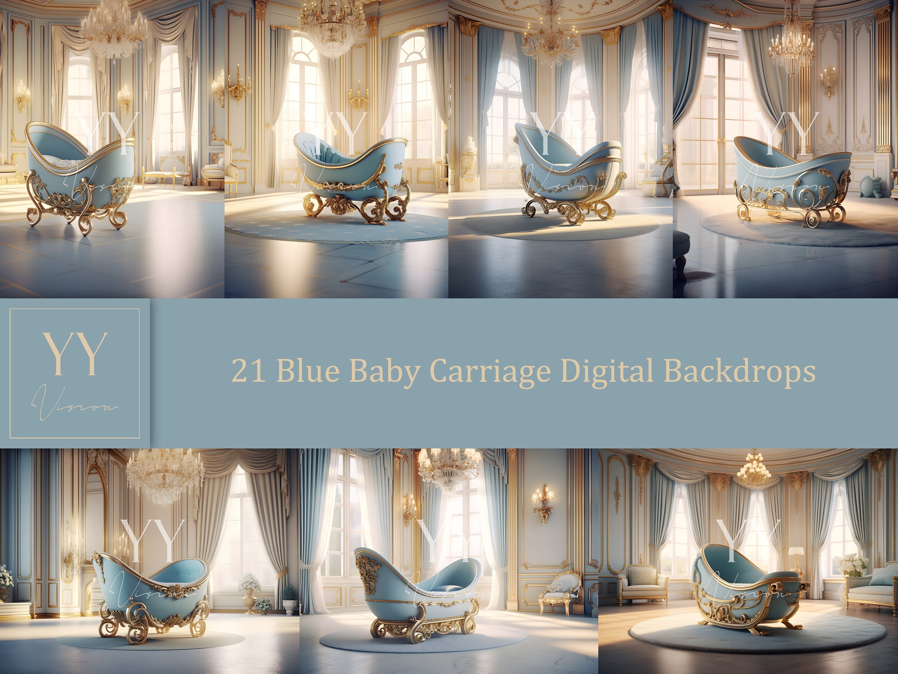 21 Baby Shower Carriage Blue Digital Backdrops Sets for Newborn Maternity Photography Fine Arts Studio Photoshop