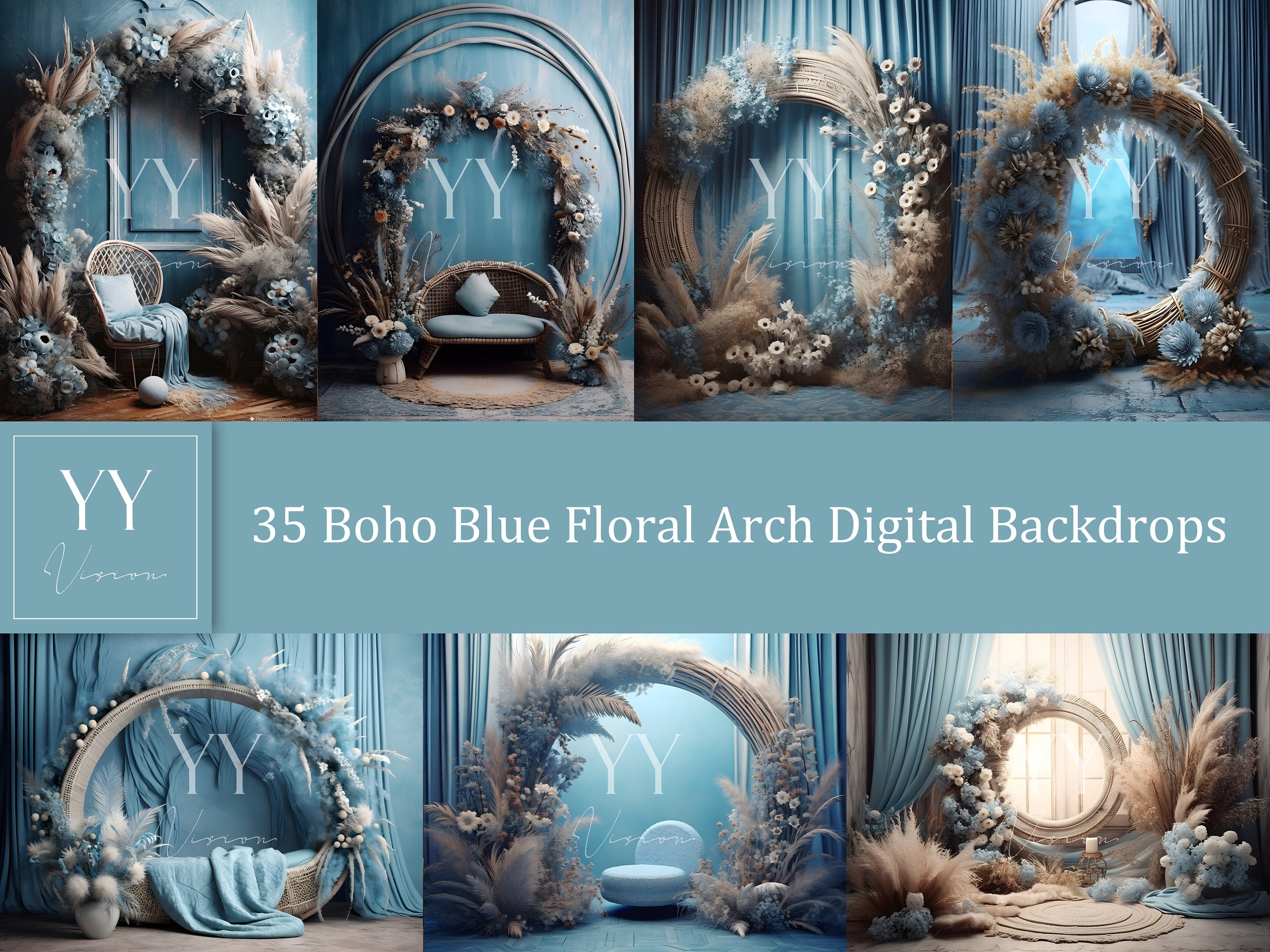 35 Boho Blue Floral Arch Digital Backdrop Sets for Maternity Wedding Photography Digital Backdrops Studio Photography JPG Photoshop Overlays