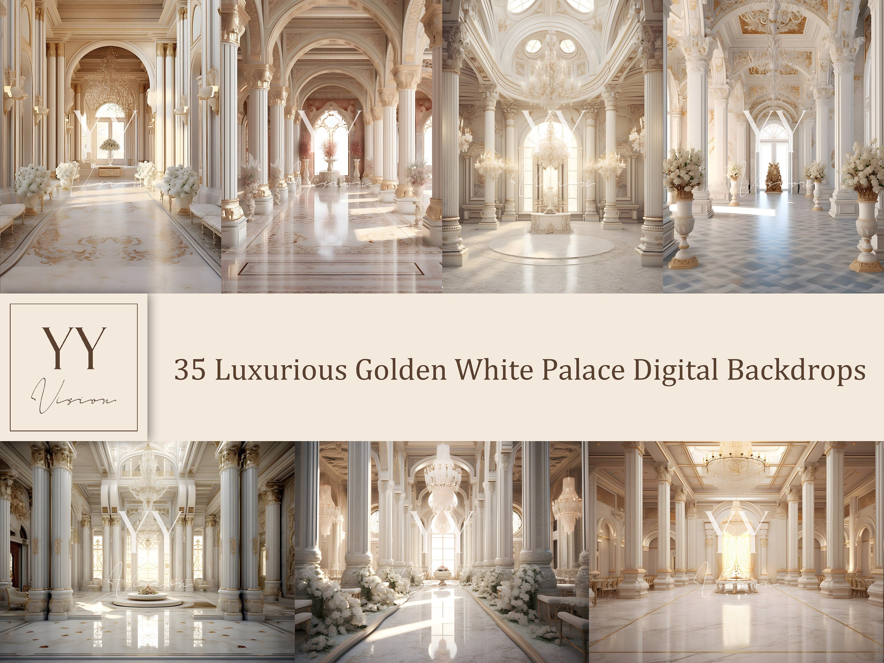 35 Luxurious Golden White Palace Digital Backdrops Sets for Wedding Studio Photography Ceremony Digital Backdrops JPG Photoshop Overlays