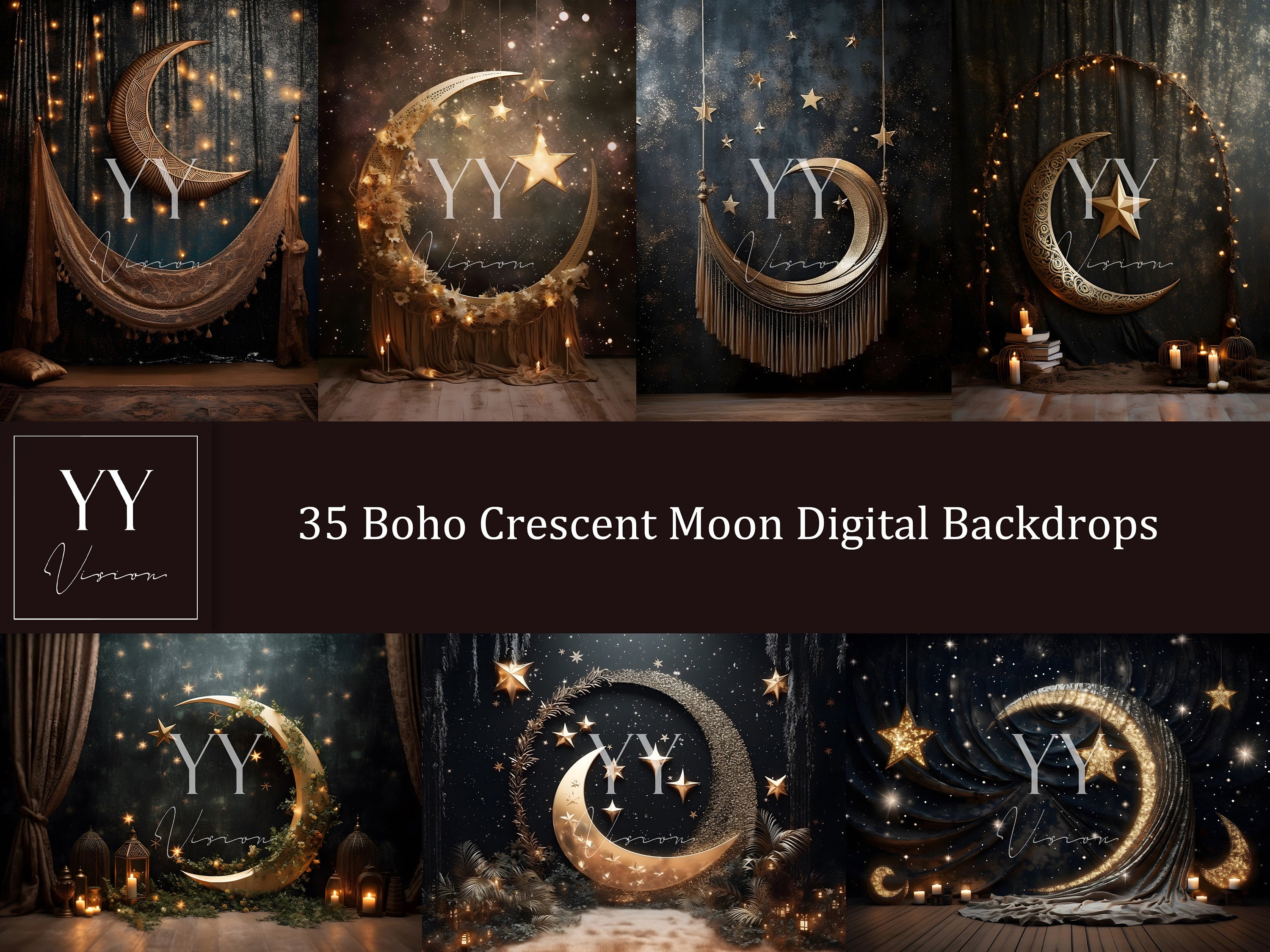 35 Boho Crescent Moon Digital Backdrops Sets for Maternity Newborn Photography Digital Backdrops Studio Photography JPG Photoshop Overlays