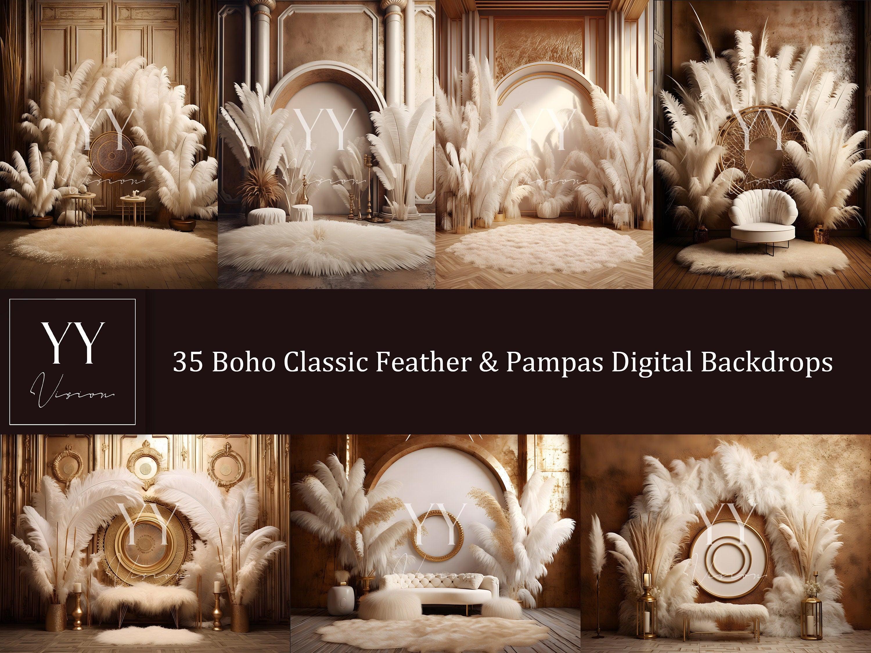 35 Boho Classic Feather Pampas Grass Digital Backgrounds Sets pour la photographie de mariage de maternité Toile de fond numérique Photographie de studio Photoshop