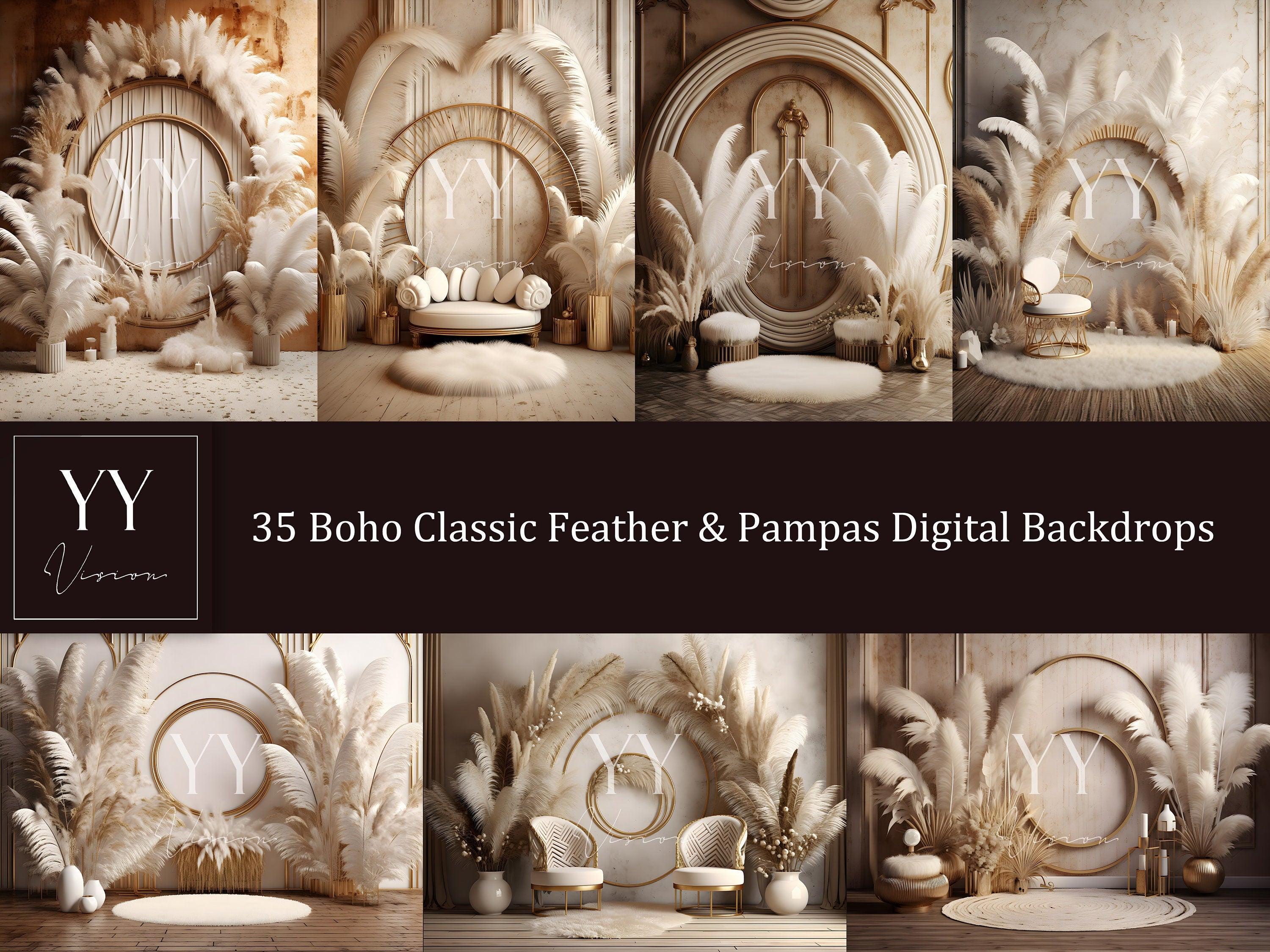 35 Boho Classic Feather Pampas Grass Digital Backgrounds Sets pour la photographie de mariage de maternité Toile de fond numérique Photographie de studio Photoshop