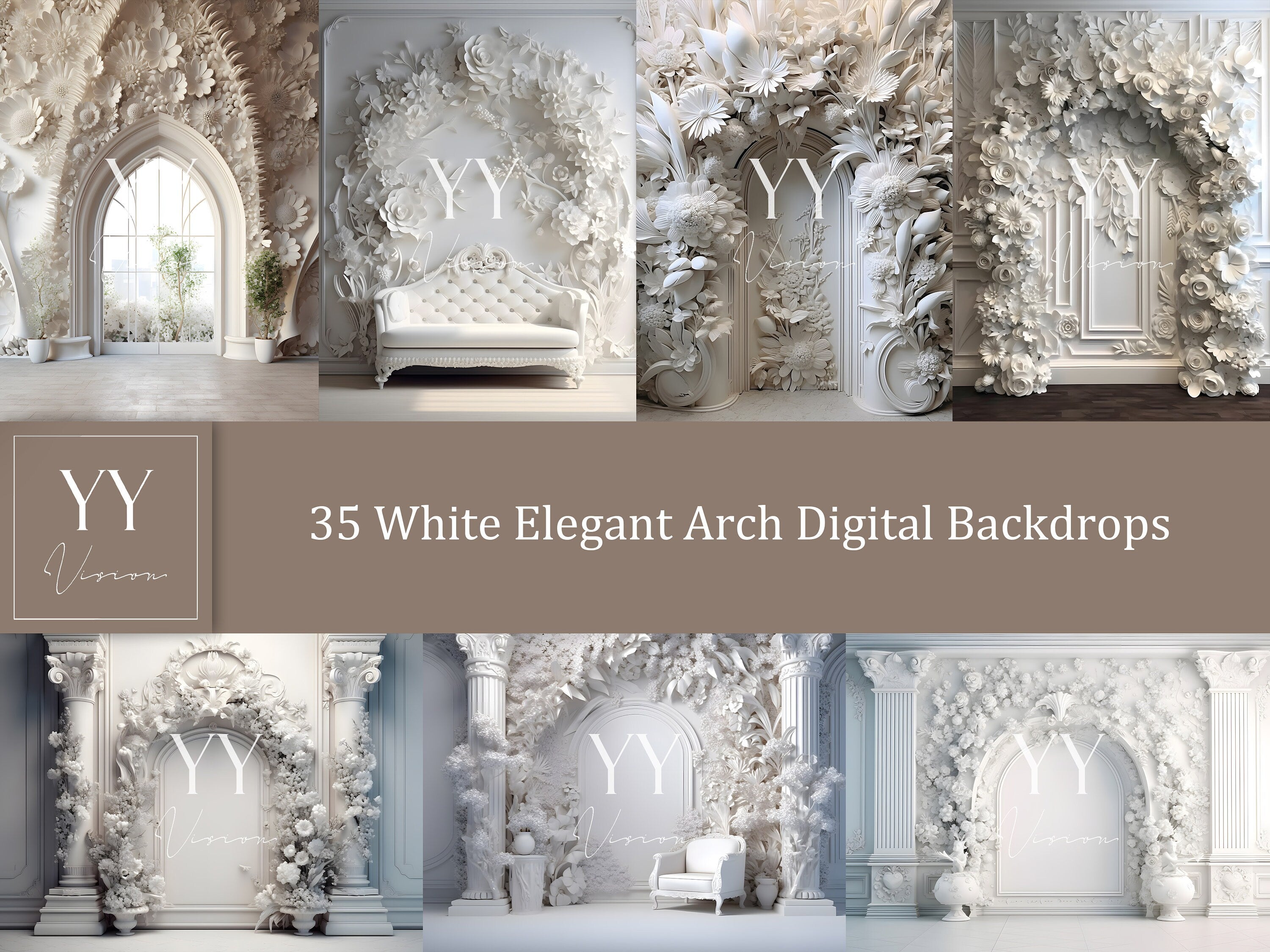 35 White Elegant Arch Digital Backdrops Sets for Maternity Wedding Photography Digital Backdrops Studio Photography JPG Photoshop Overlays