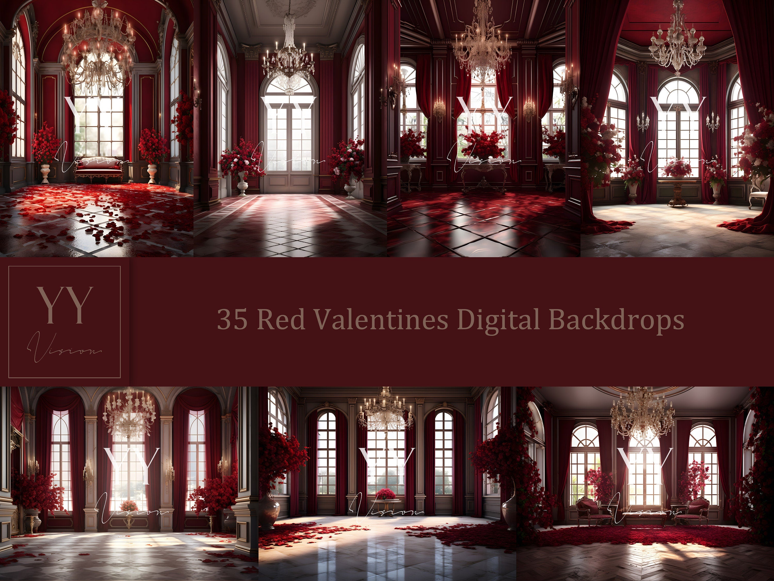 35 Red Valentines Floral Digital Backdrops Sets for Maternity Photography Wedding Studio Photoshop Overlays