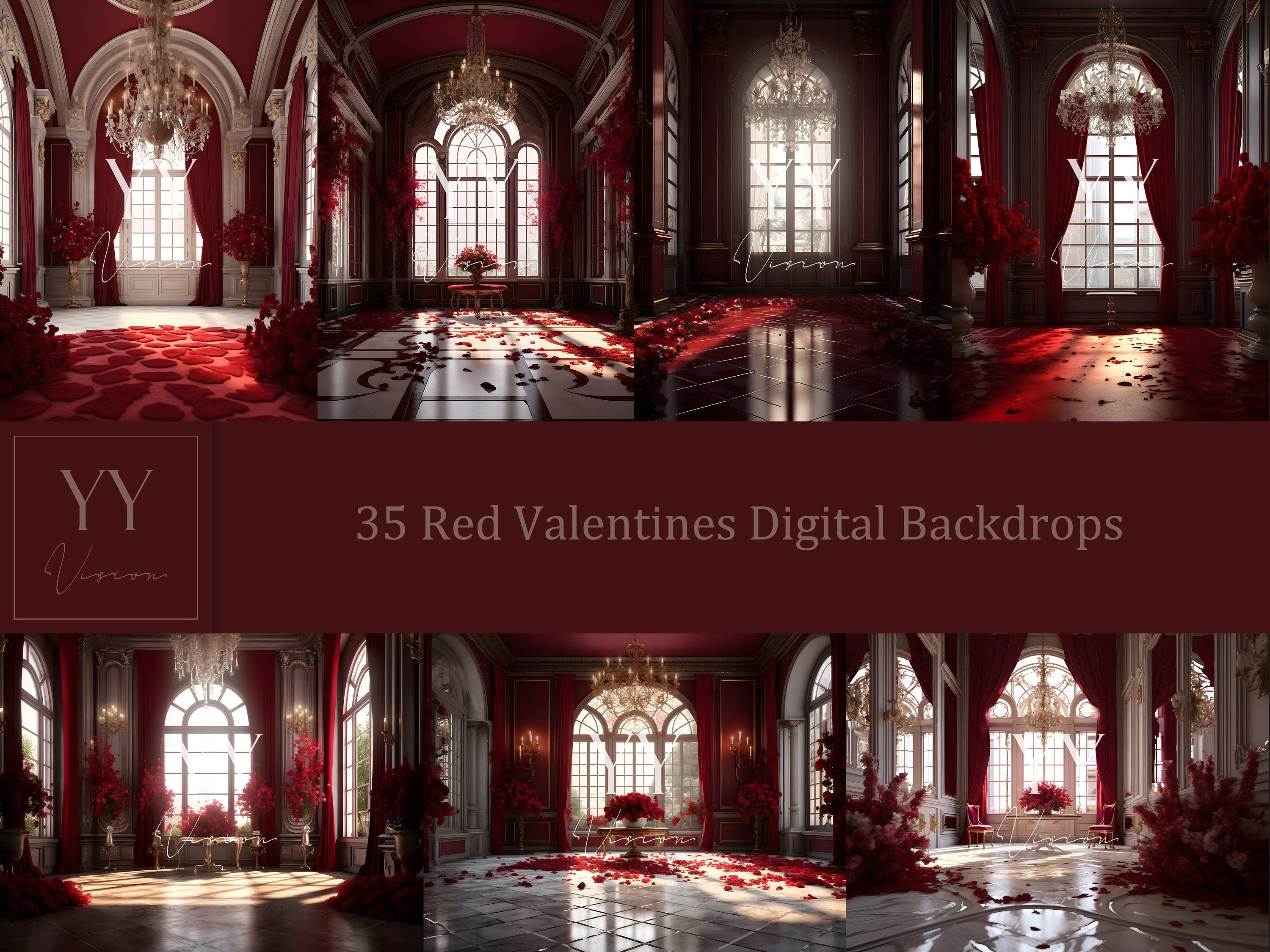 35 Red Valentines Floral Digital Backdrops Sets for Maternity Photography Wedding Studio Photoshop Overlays