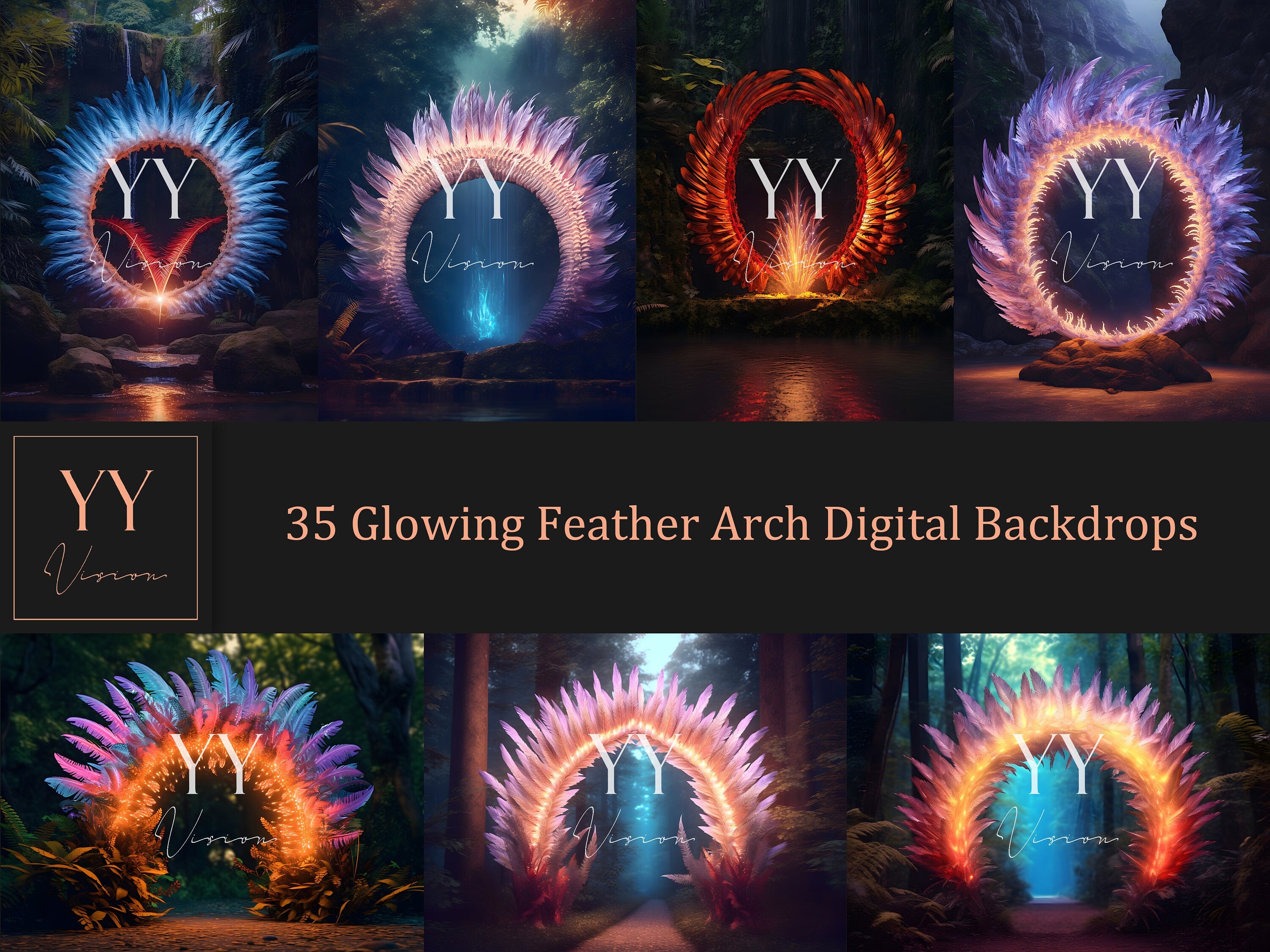 35 Glowing Feather Arch Digital Backdrops Sets for Mystical Photography Studio Snow Wedding Backdrop Photoshop