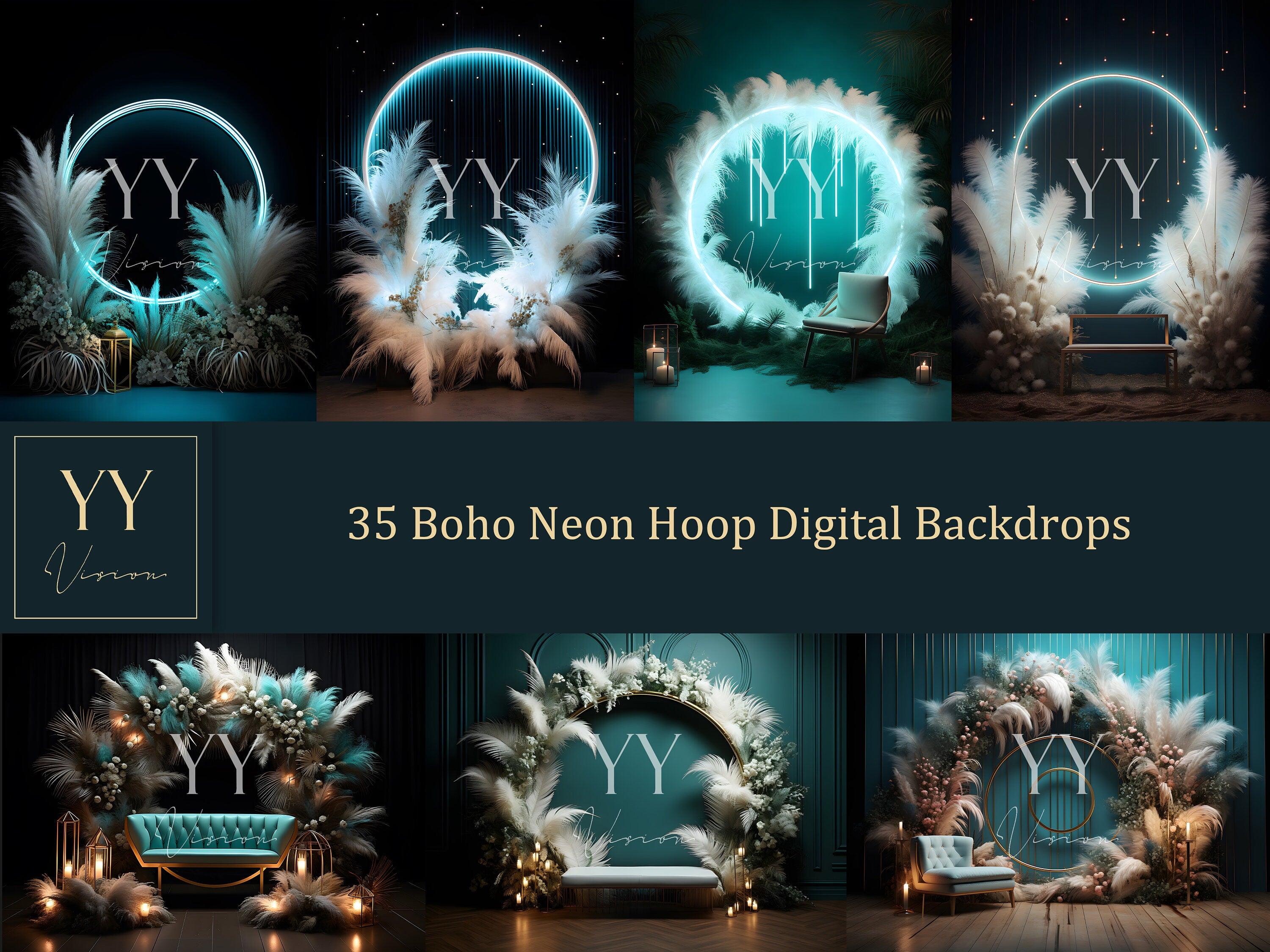 35 Boho Neon Ring Digitale Hintergründe Sets für mystische Fotografie Hochzeit Schwangerschaft Digitale Kulisse Photoshop Overlay