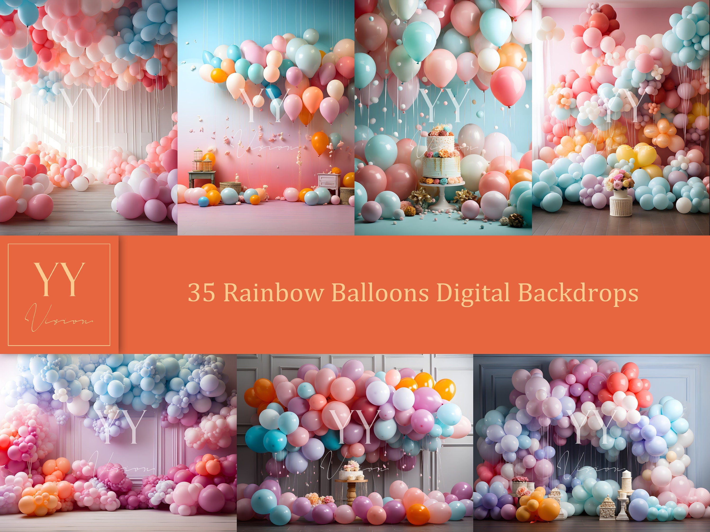 35 ensembles de décors numériques de ballons arc-en-ciel pour nouveau-né bébé gâteau smash photographie de maternité beaux-arts studio arrière-plan Photoshop