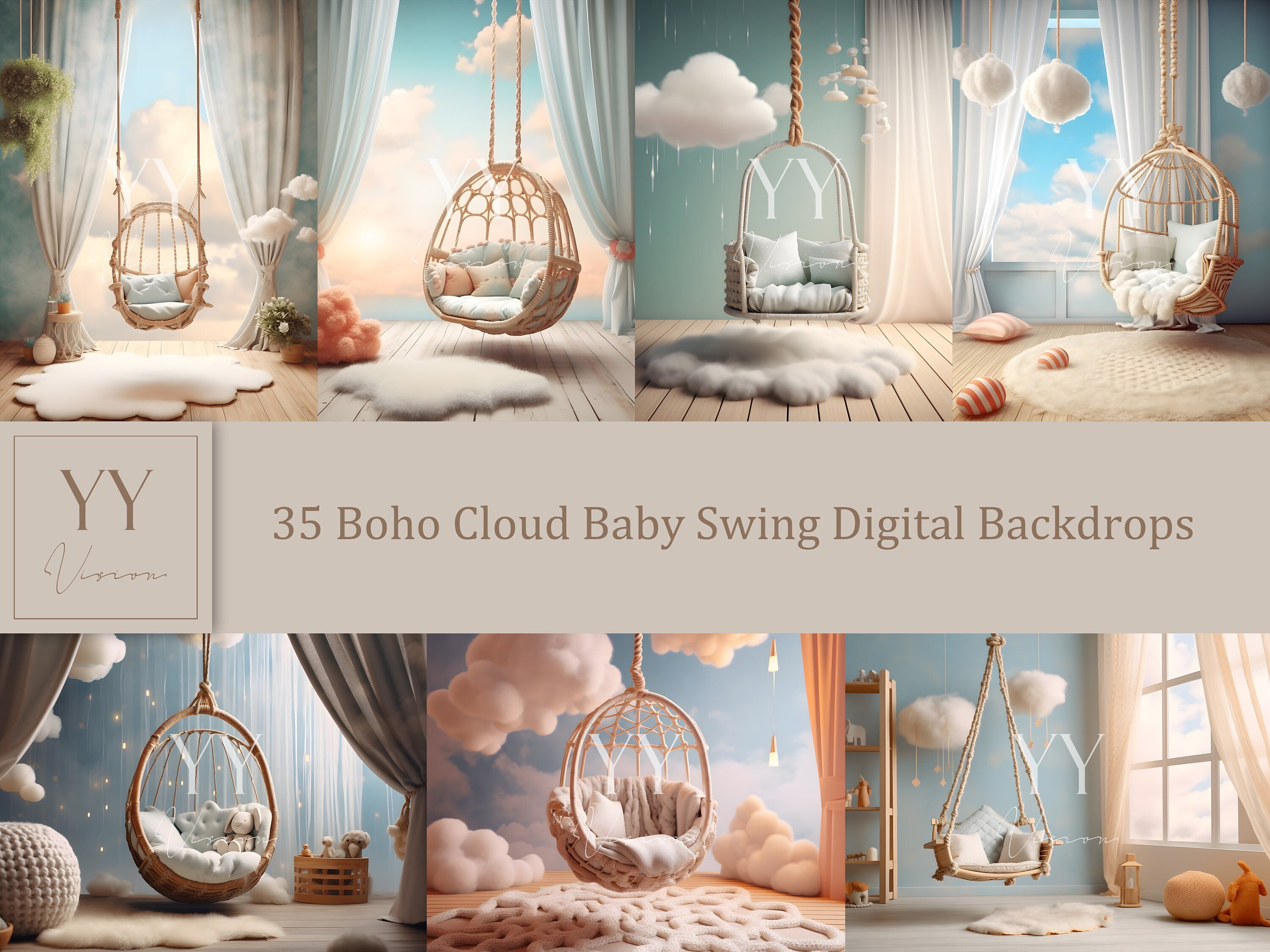 35 Boho Cloud Baby Swing Digital Backdrops Sets for Maternity Photography Fine Arts Studio Photoshop overlay