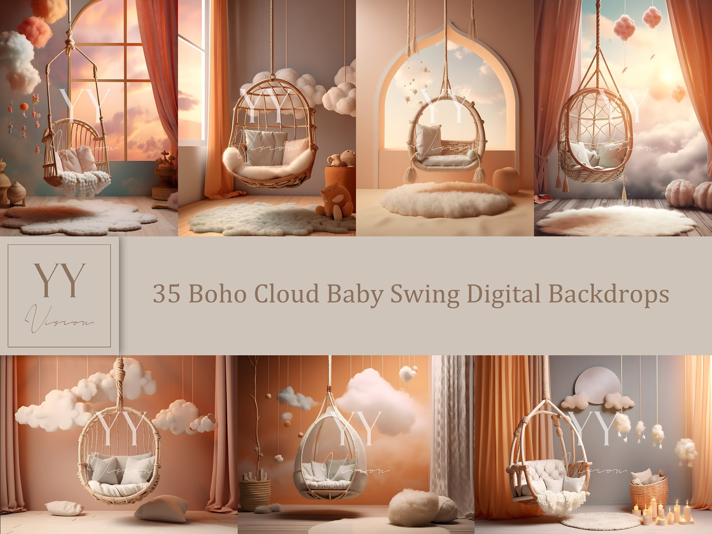 35 Boho Cloud Baby Swing digitale Hintergründe Sets für Schwangerschaftsfotografie Fine Arts Studio Photoshop Overlay