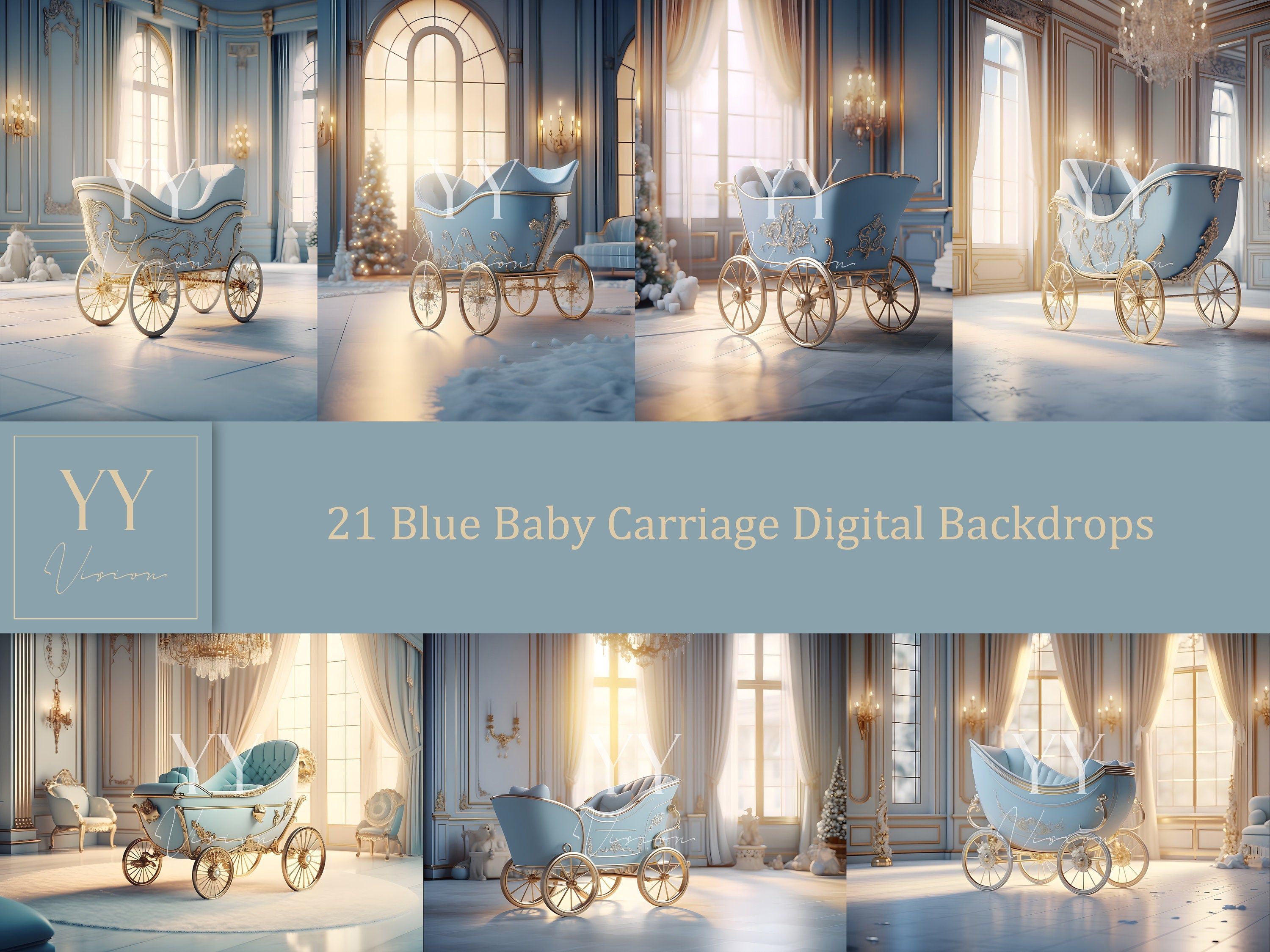 21 Baby Shower Carriage Blue Digital Backdrops Sets for Newborn Maternity Photography Fine Arts Studio Photoshop