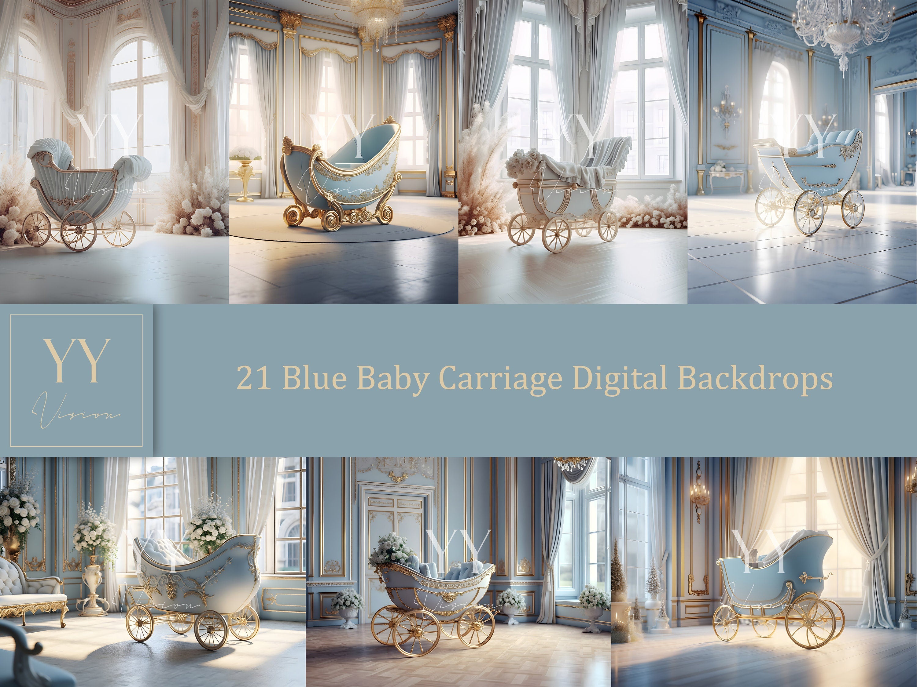 21 Baby Shower Carriage Blue Digital Backdrops Sets for Newborn Maternity Photography Fine Arts Studio Photoshop