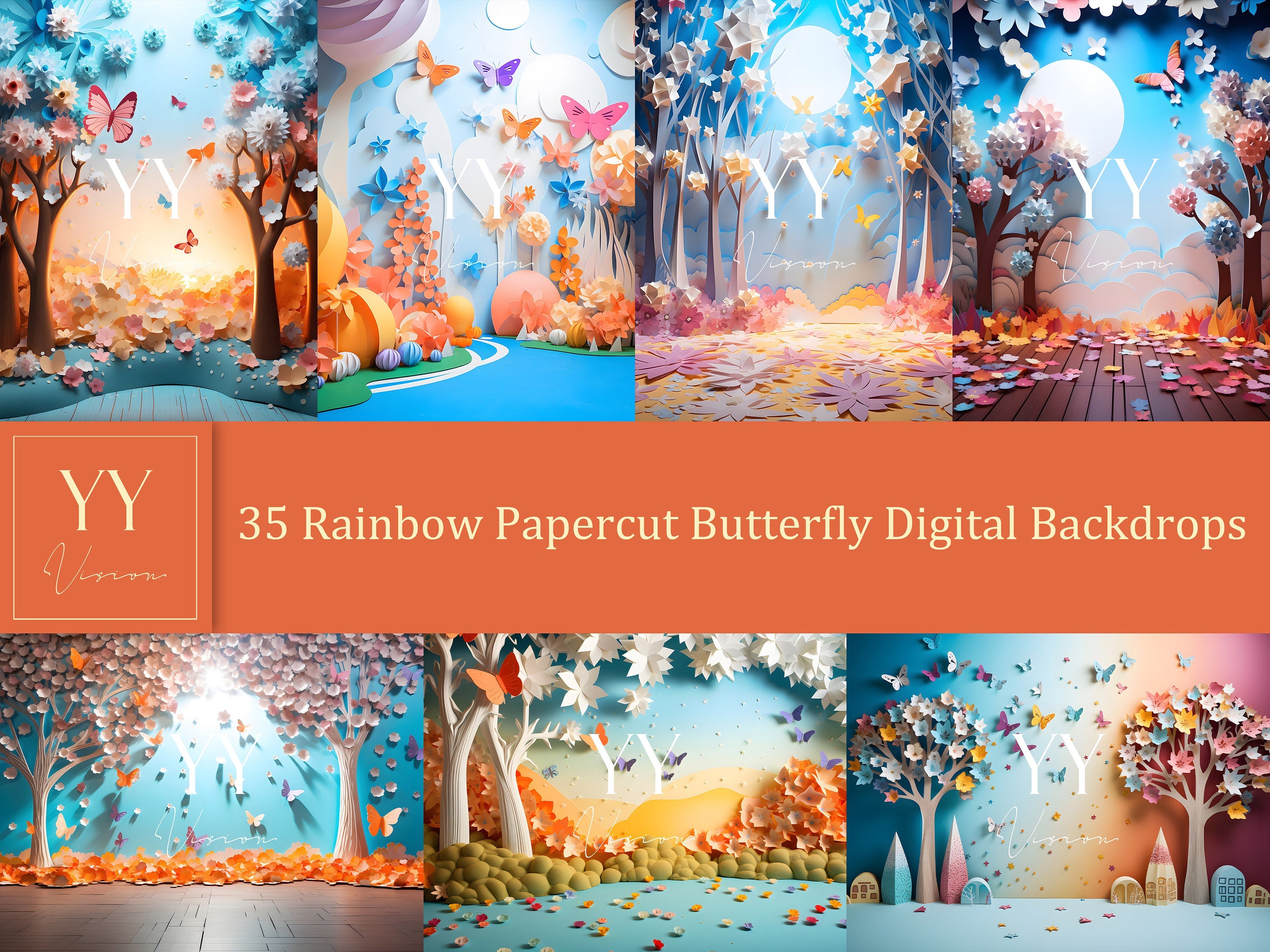 35 Rainbow Papercut Butterfly Digital Backdrops Sets for Newborn Baby Cake Smash Maternity Photography Fine Arts Studio Photoshop overlay