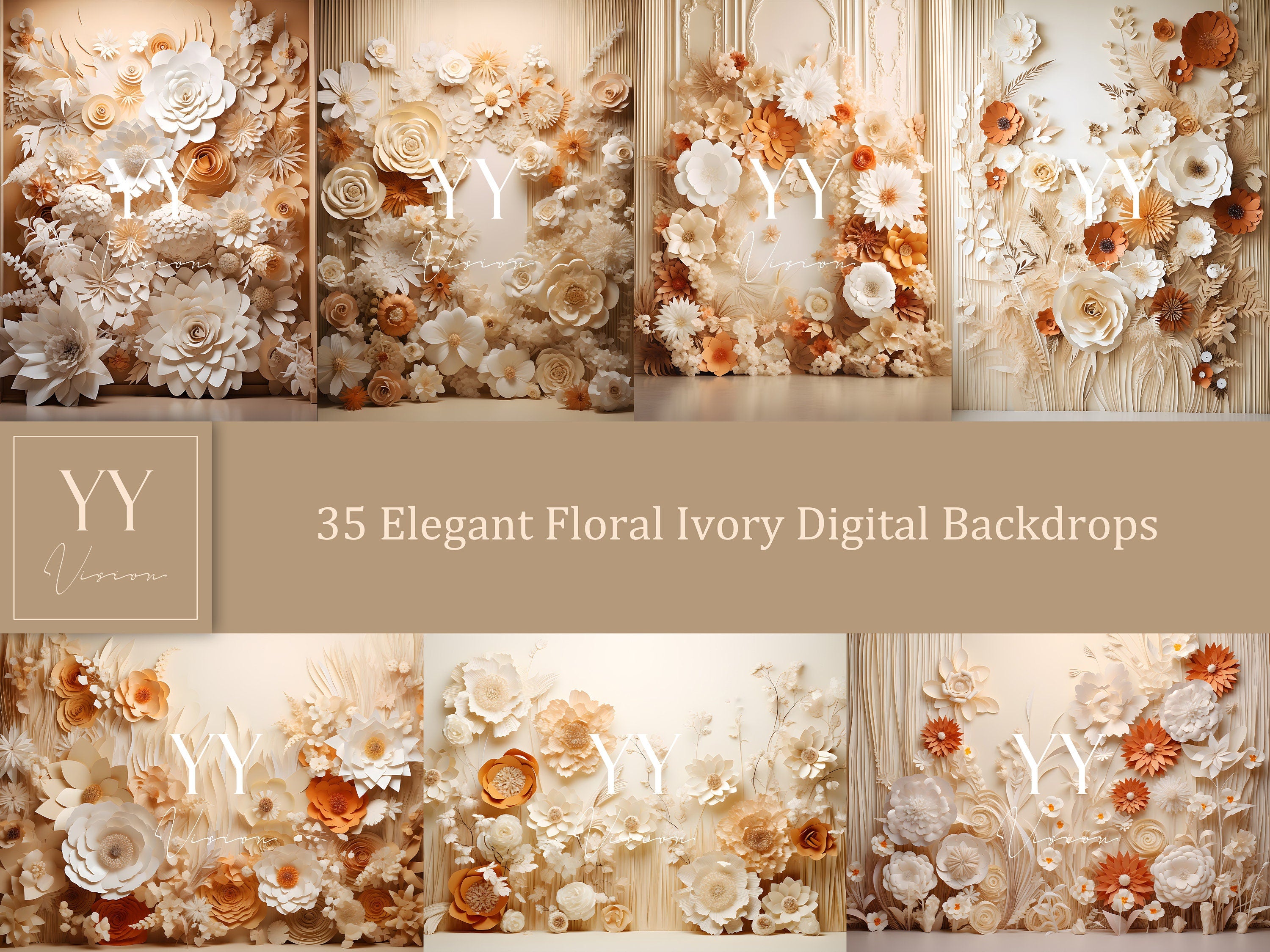 35 elegante florale elfenbeinfarbene digitale Hintergrundsets für Schwangerschaftsfotografie, Hochzeit, Valentinstag, Studiohintergrund, Photoshop-Overlays