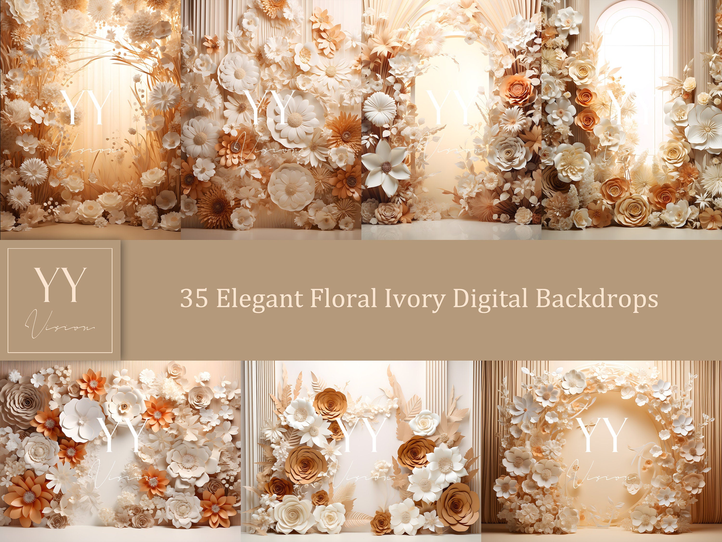 35 elegante florale elfenbeinfarbene digitale Hintergrundsets für Schwangerschaftsfotografie, Hochzeit, Valentinstag, Studiohintergrund, Photoshop-Overlays