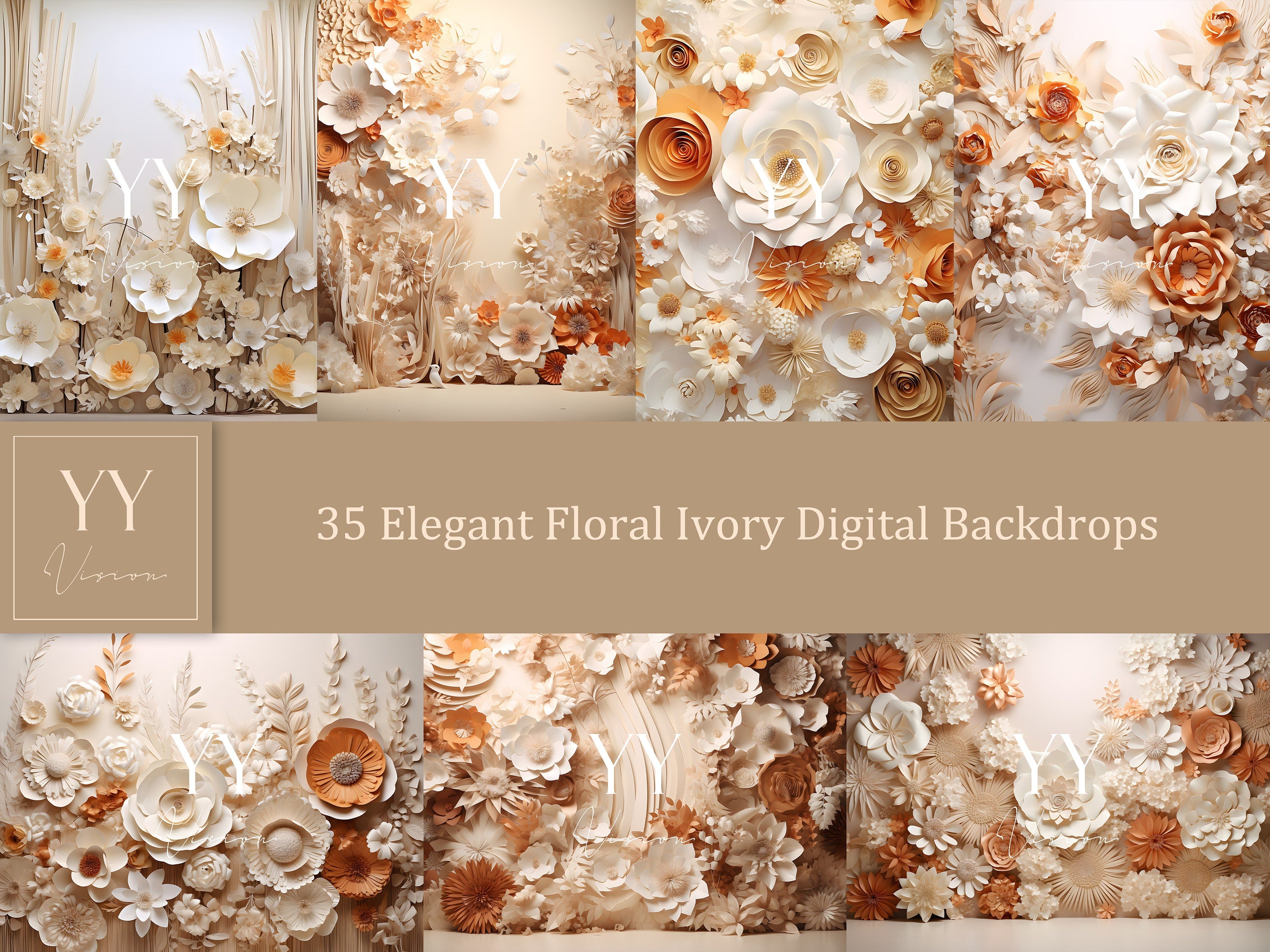 35 elegante florale elfenbeinfarbene digitale Hintergrundsets für Schwangerschaftsfotografie, Hochzeit, Valentinstag, Studiohintergrund, Photoshop-Overlays