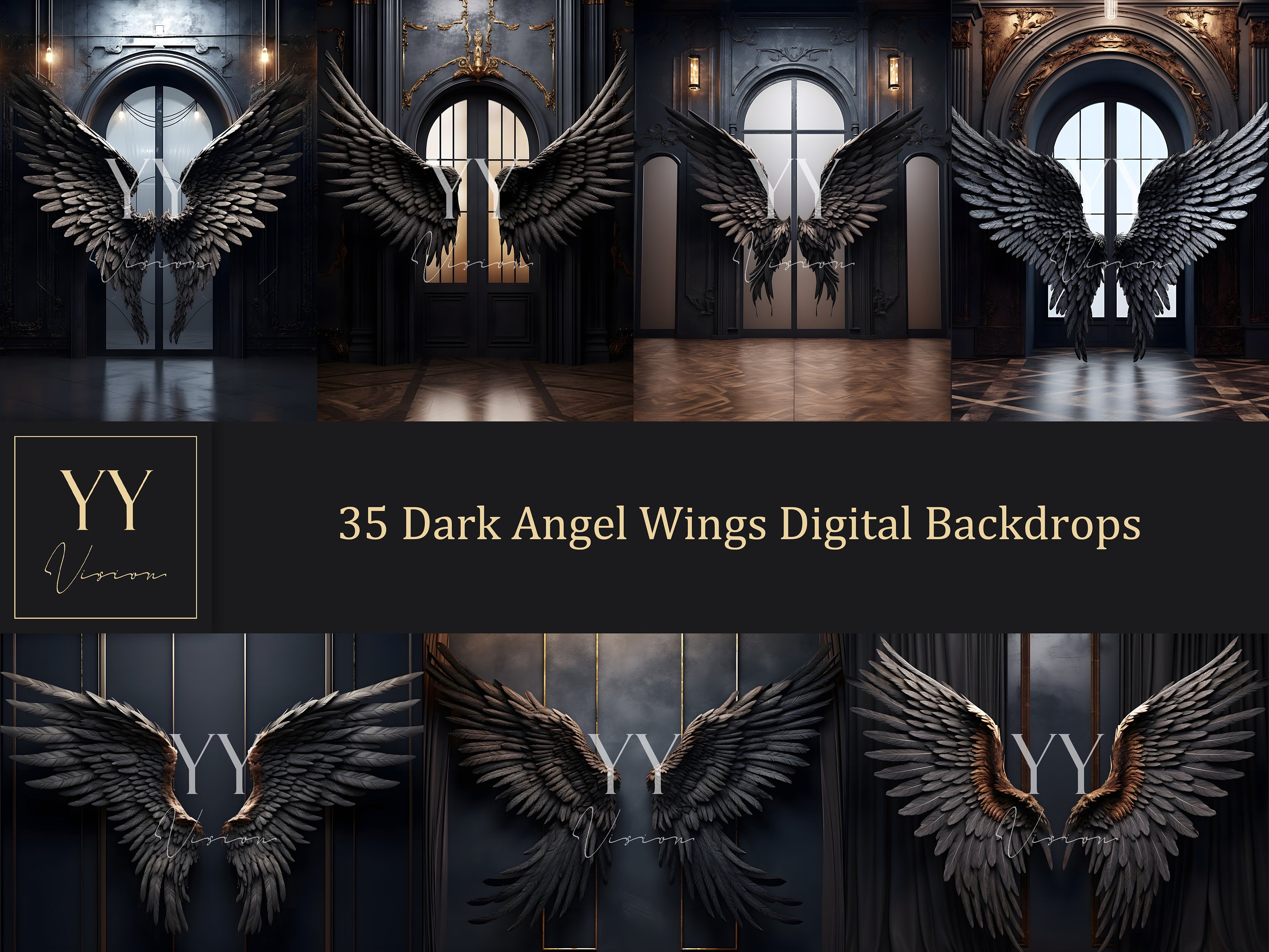 35 Angel Wings Dark Digital Backdrops Sets for Maternity Photography Fine Arts Wedding Studio Photoshop