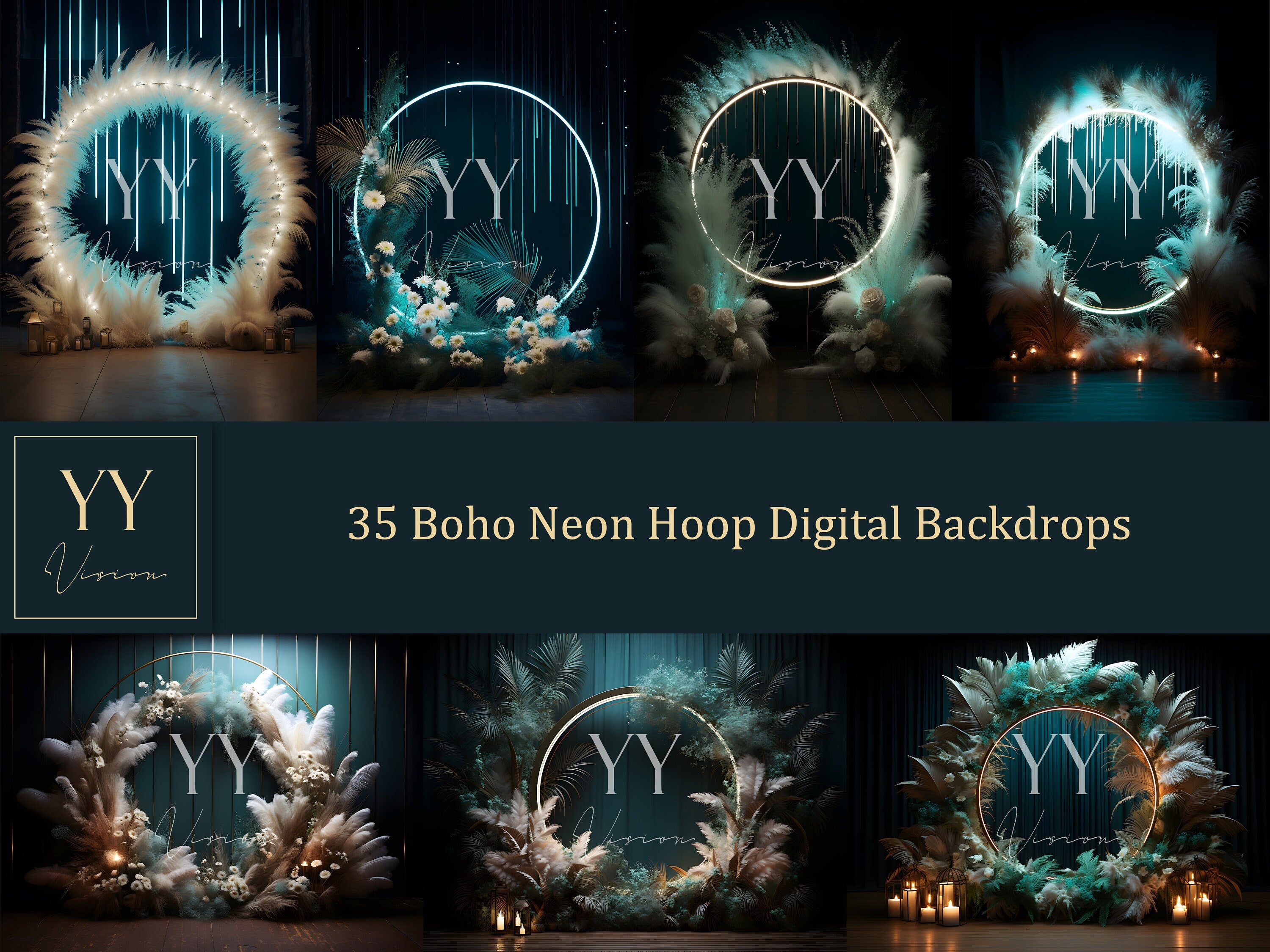 35 Boho Neon Ring Digitale Hintergründe Sets für mystische Fotografie Hochzeit Schwangerschaft Digitale Kulisse Photoshop Overlay