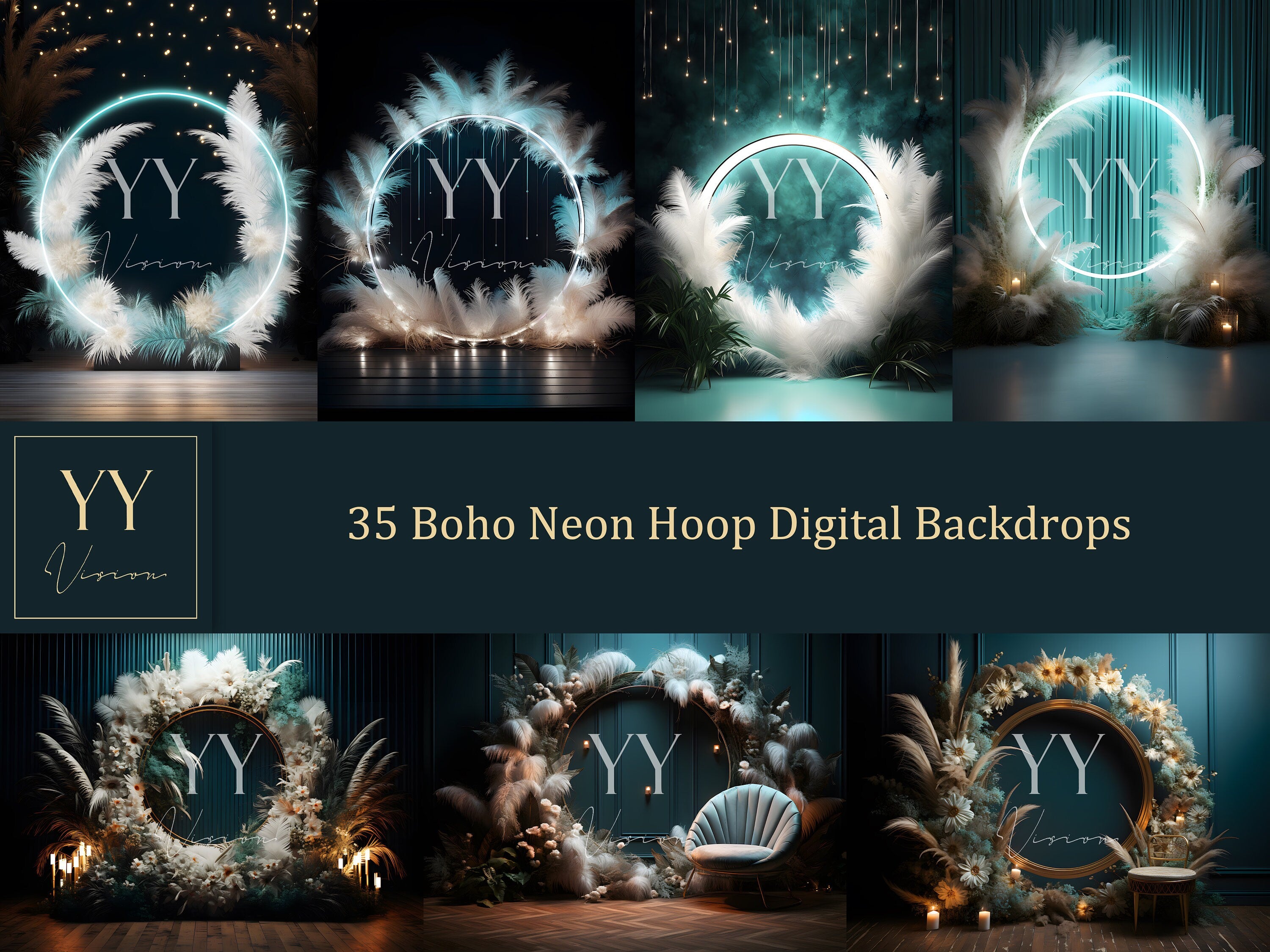 35 ensembles de toiles de fond numériques Boho Neon Ring pour la photographie mystique, mariage, maternité, superposition Photoshop