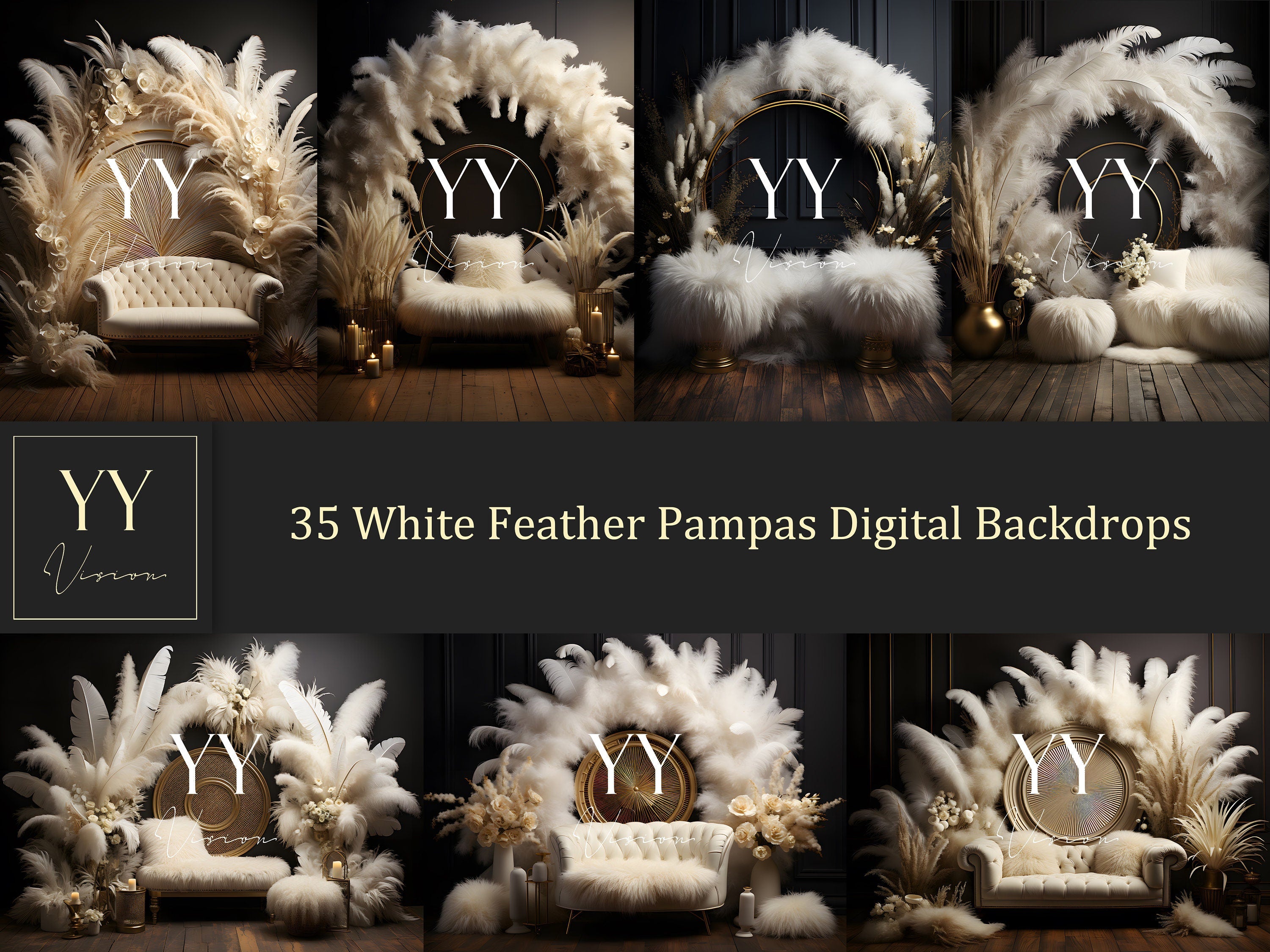 35 White Feather & Pampas Grass Dark Background Digital Backdrops Sets for Maternity Photography Wedding  Digital Backdrop Photoshop