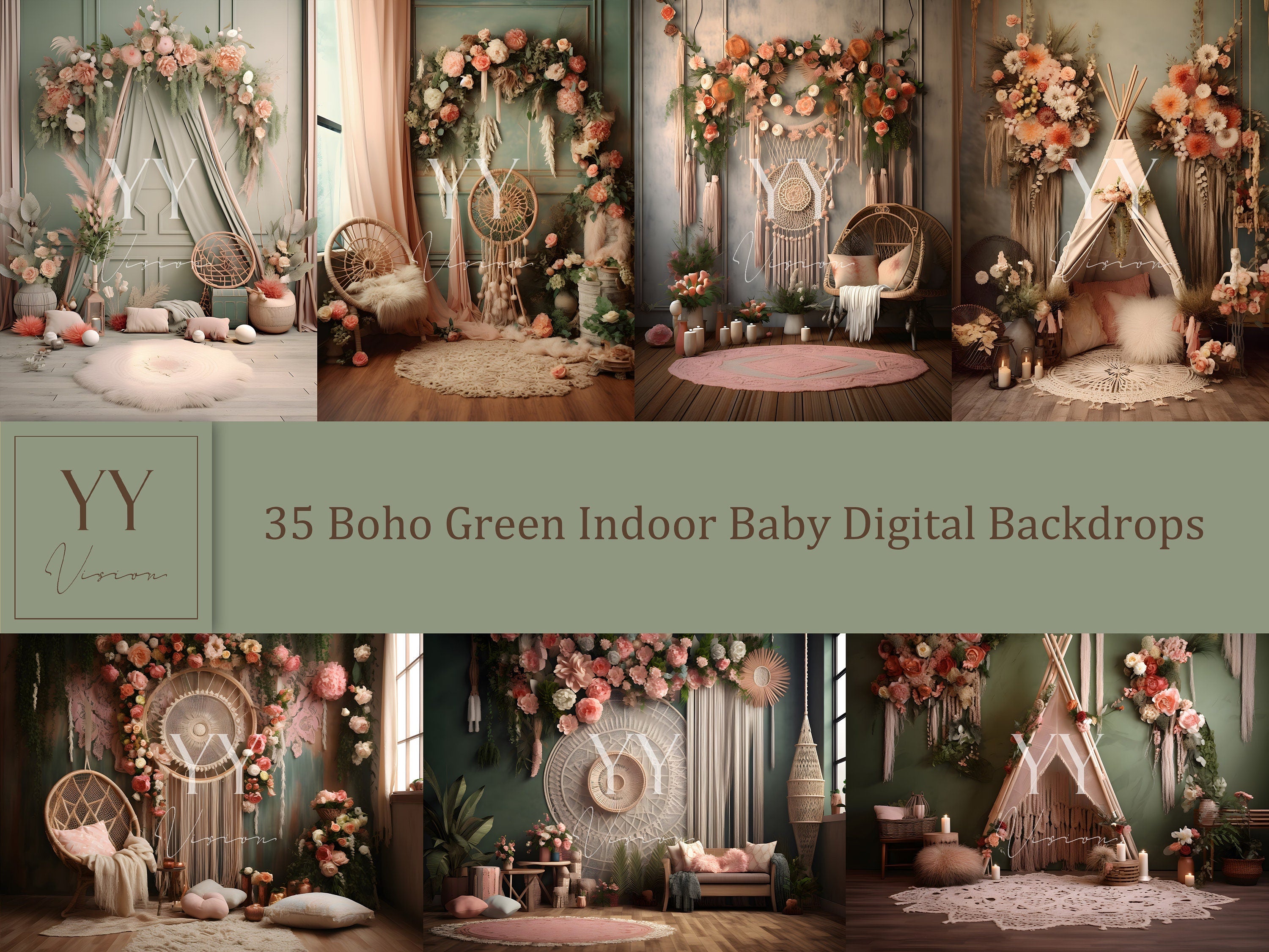 35 Boho Green Indoor Baby Digital Backdrops Sets Maternity Studio Photography Cash Smash Photography JPG Photoshop Overlays