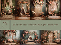 35 Boho Grün Indoor Baby Digitale Hintergründe Sets Schwangerschaft Studio Fotografie Cash Smash Fotografie JPG Photoshop Overlays