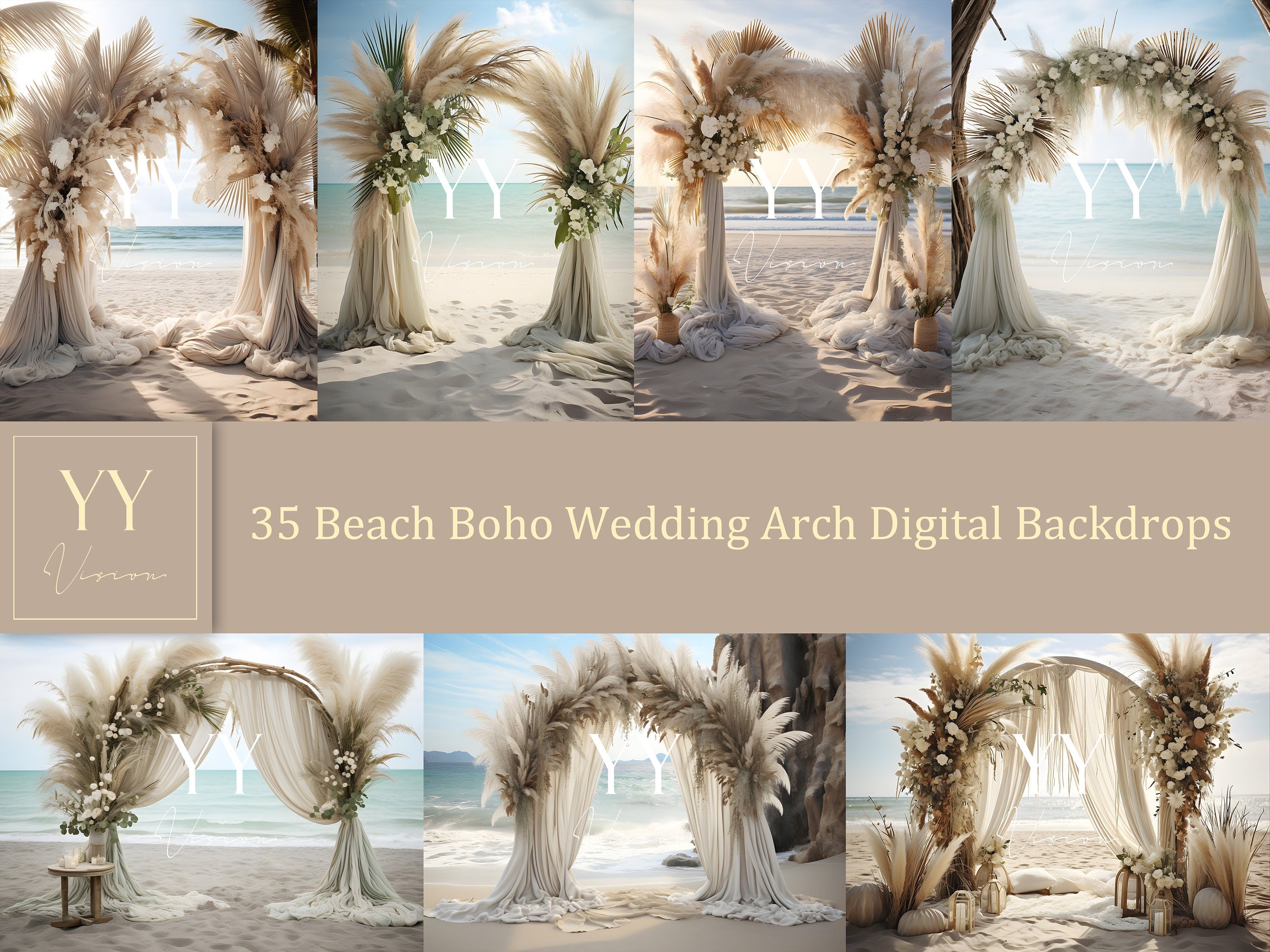 35 Boho Wedding Arch on the Beach Digital Backgrounds Sets Photographie de maternité Mariage Saint-Valentin Fond Superposition Photoshop