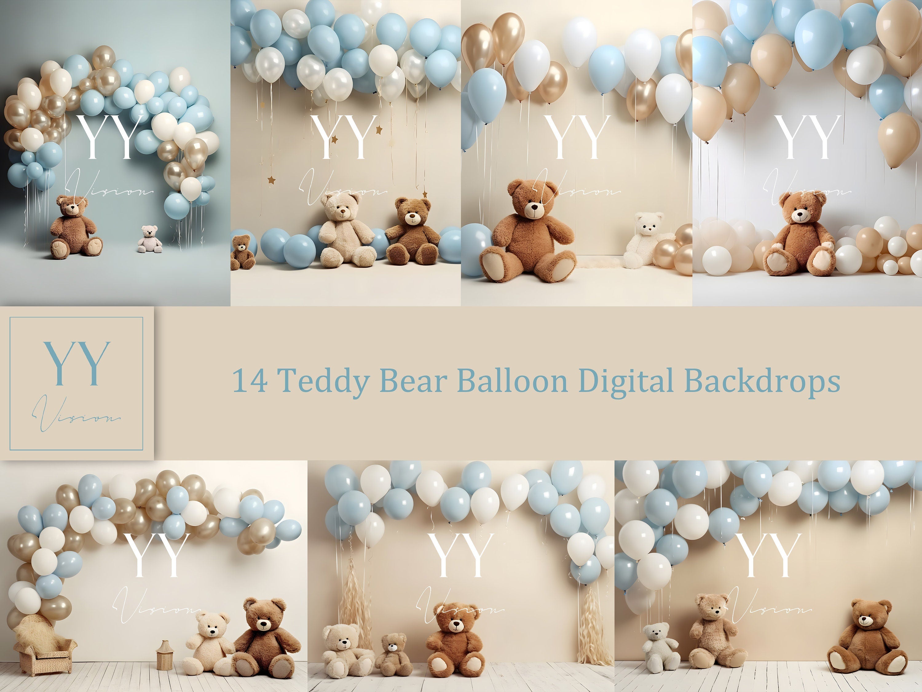 14 Teddybären &amp; Ballon blau digitale Hintergründe Sets Neugeborenen Baby Cake Smash Mutterschaft Fotografie Fine Arts Studio Photoshop Overlay