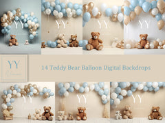 14 Teddy Bears & Balloon Blue Digital Backdrops Sets Newborn Baby Cake Smash Maternity Photography Fine Arts Studio Photoshop overlay