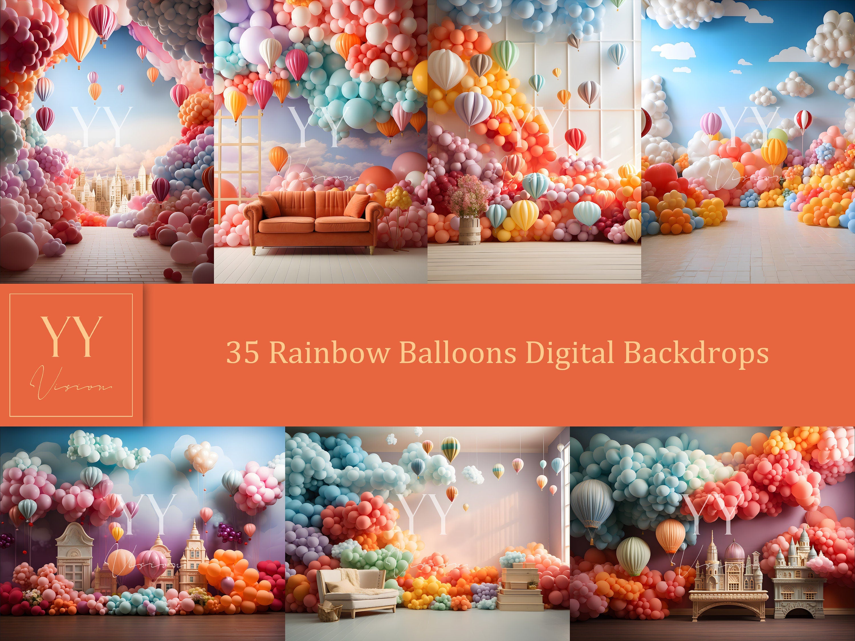 35 ensembles de décors numériques de ballons arc-en-ciel pour nouveau-né bébé gâteau smash photographie de maternité beaux-arts studio arrière-plan Photoshop