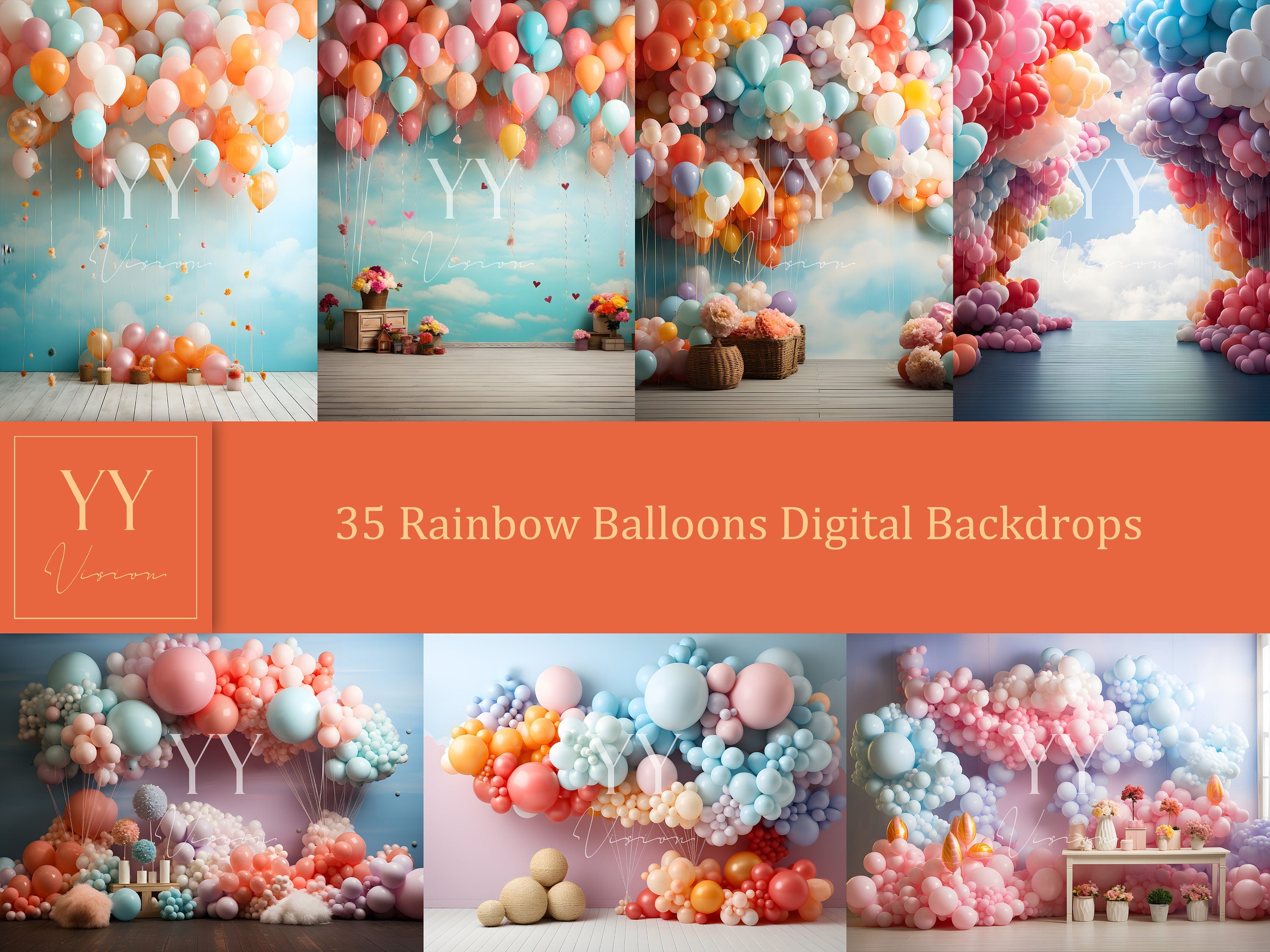 35 Rainbow Balloons Digital Backdrops Sets for Newborn Baby Cake Smash Maternity Photography Fine Arts Studio Photoshop Background