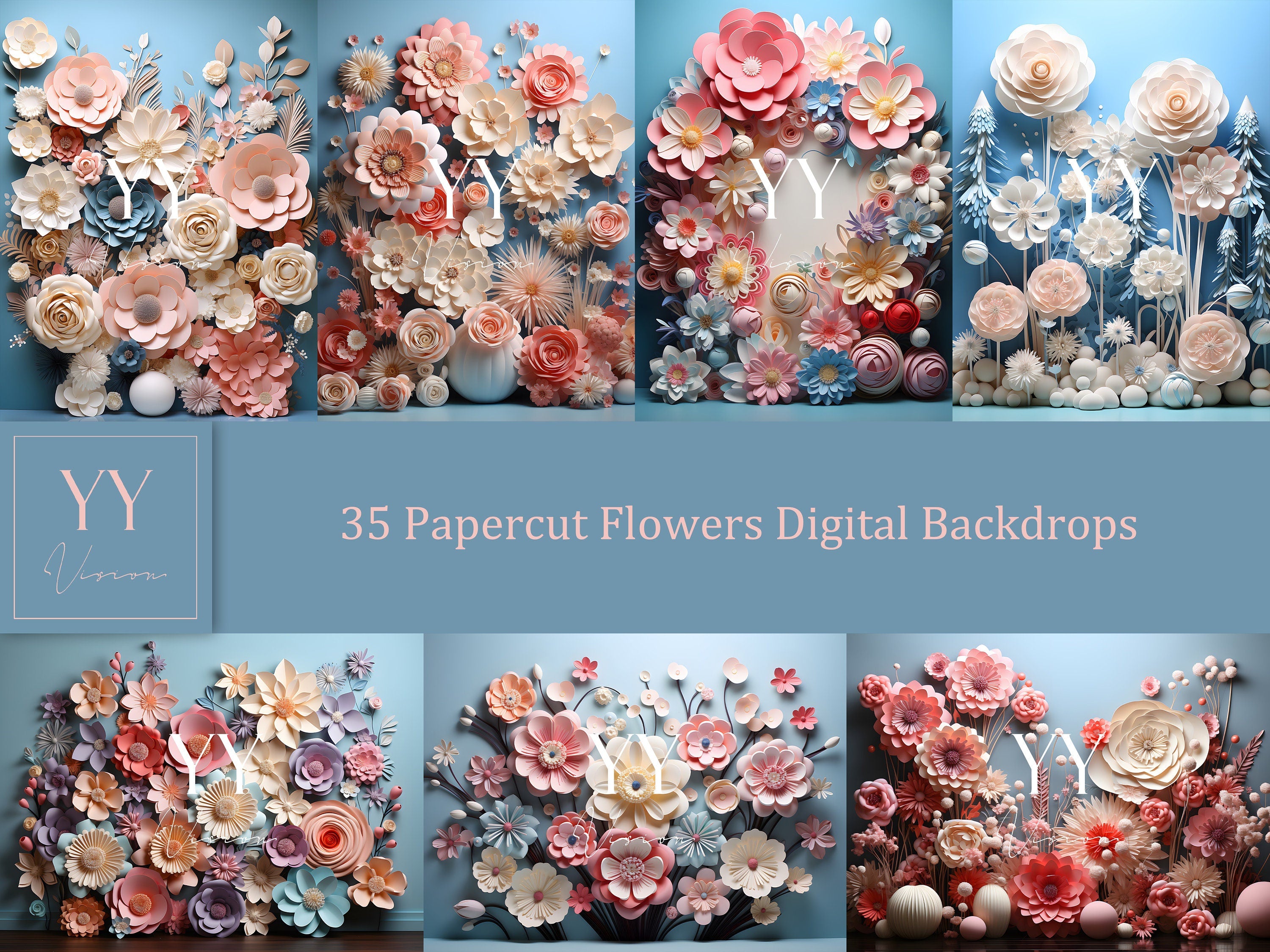 35 ensembles de décors numériques de fleurs en papier découpé pour nouveau-né, bébé, gâteau, photographie de maternité, beaux-arts, studio, arrière-plan Photoshop