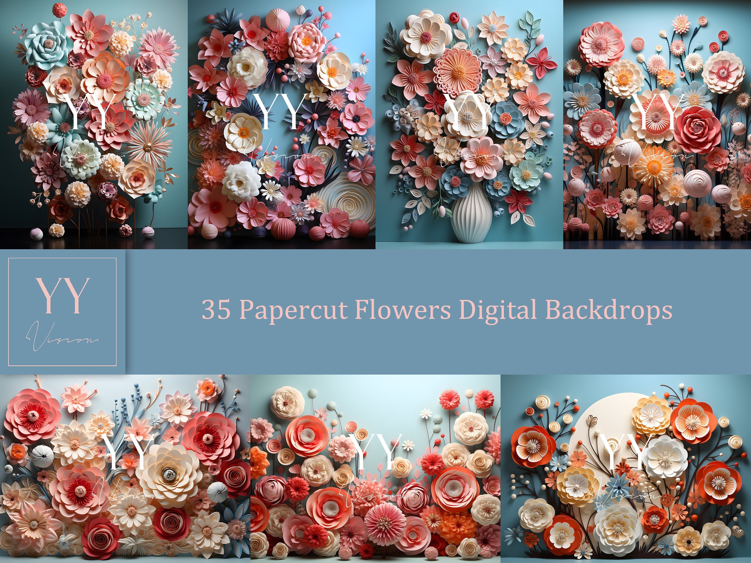 35 Papercut Quilling Blumen Digitale Hintergründe Sets für Neugeborene Baby Cake Smash Schwangerschaftsfotografie Fine Arts Studio Photoshop Hintergrund