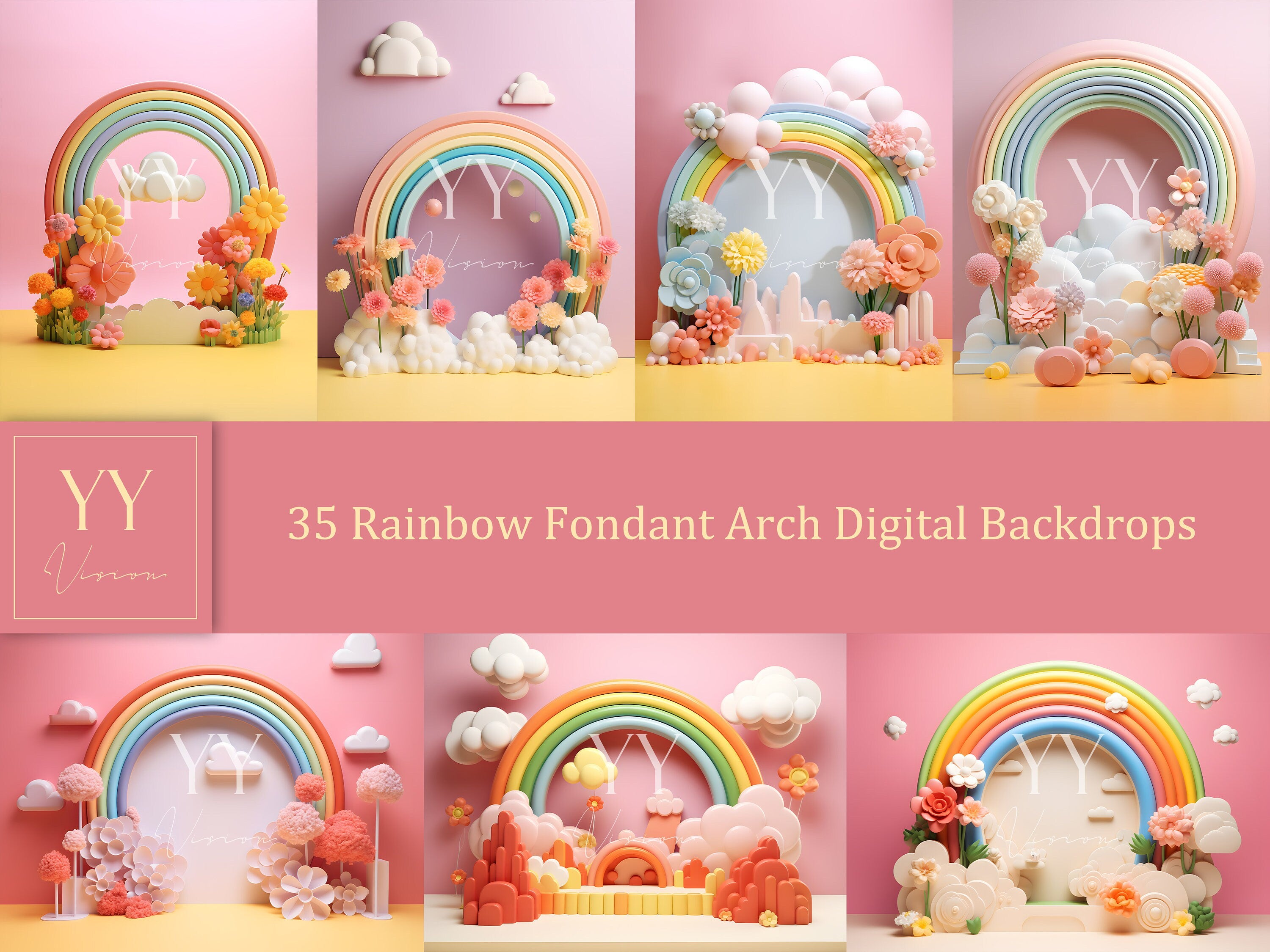 35 Rainbow Fondant Arch Digital Backdrops Sets for Newborn Baby Cake Smash Maternity Photography Fine Arts Studio Photoshop overlay